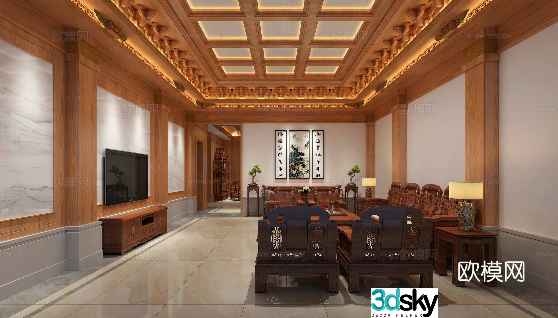 Chinese style villa living and dining room 3D model