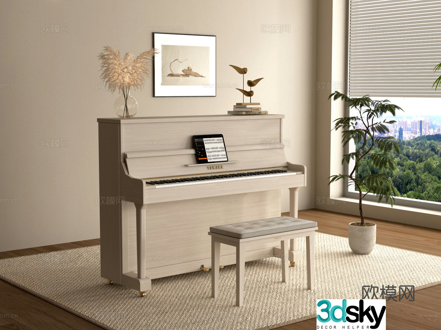Piano, piano bench, potted plants, green plants, ornaments and accessories 3d model