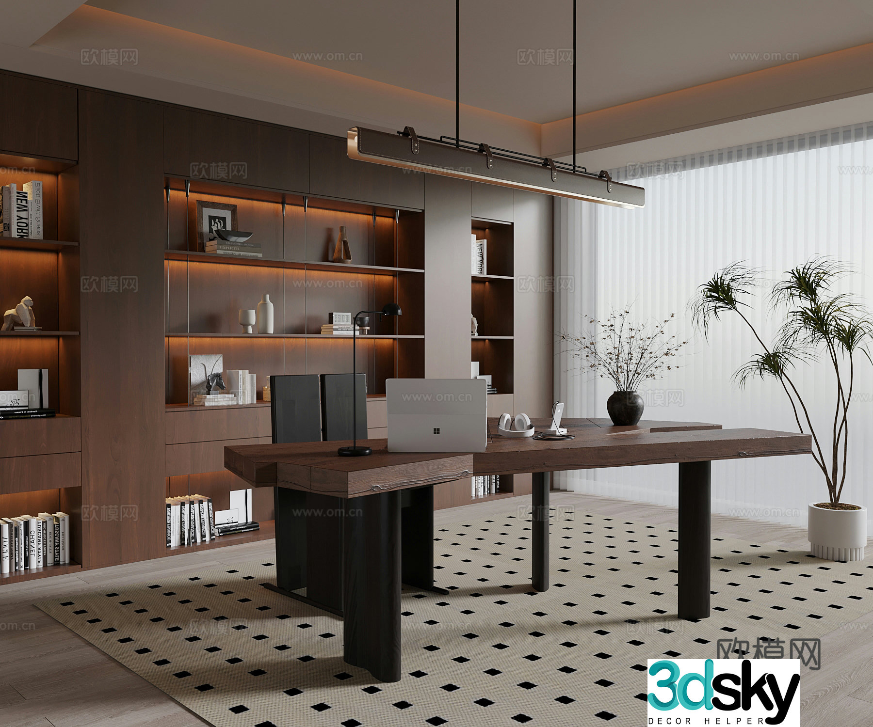 Middle-aged study room desk and chair bookcase 3d model