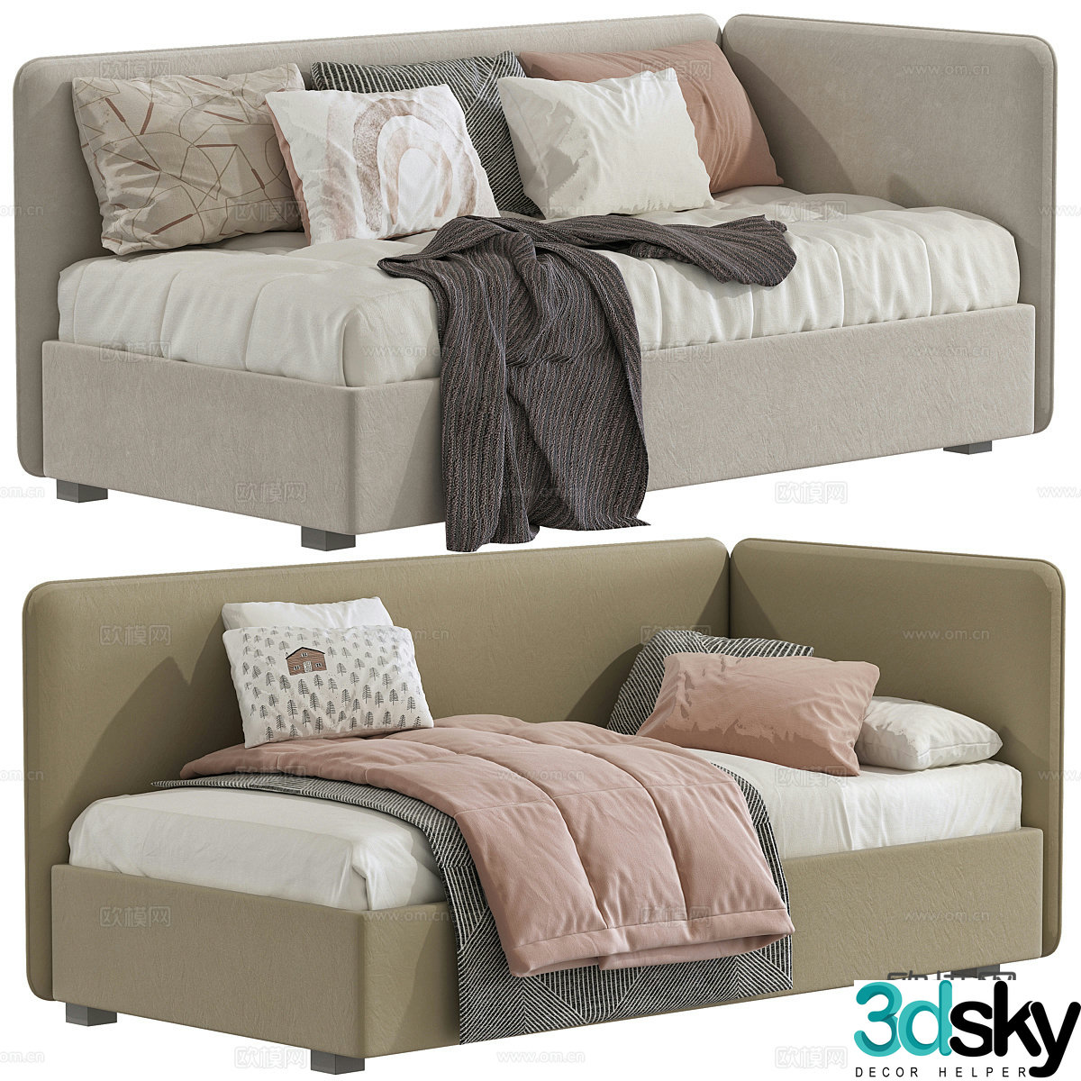 Modern cream style children’s fabric sofa bed 3d model