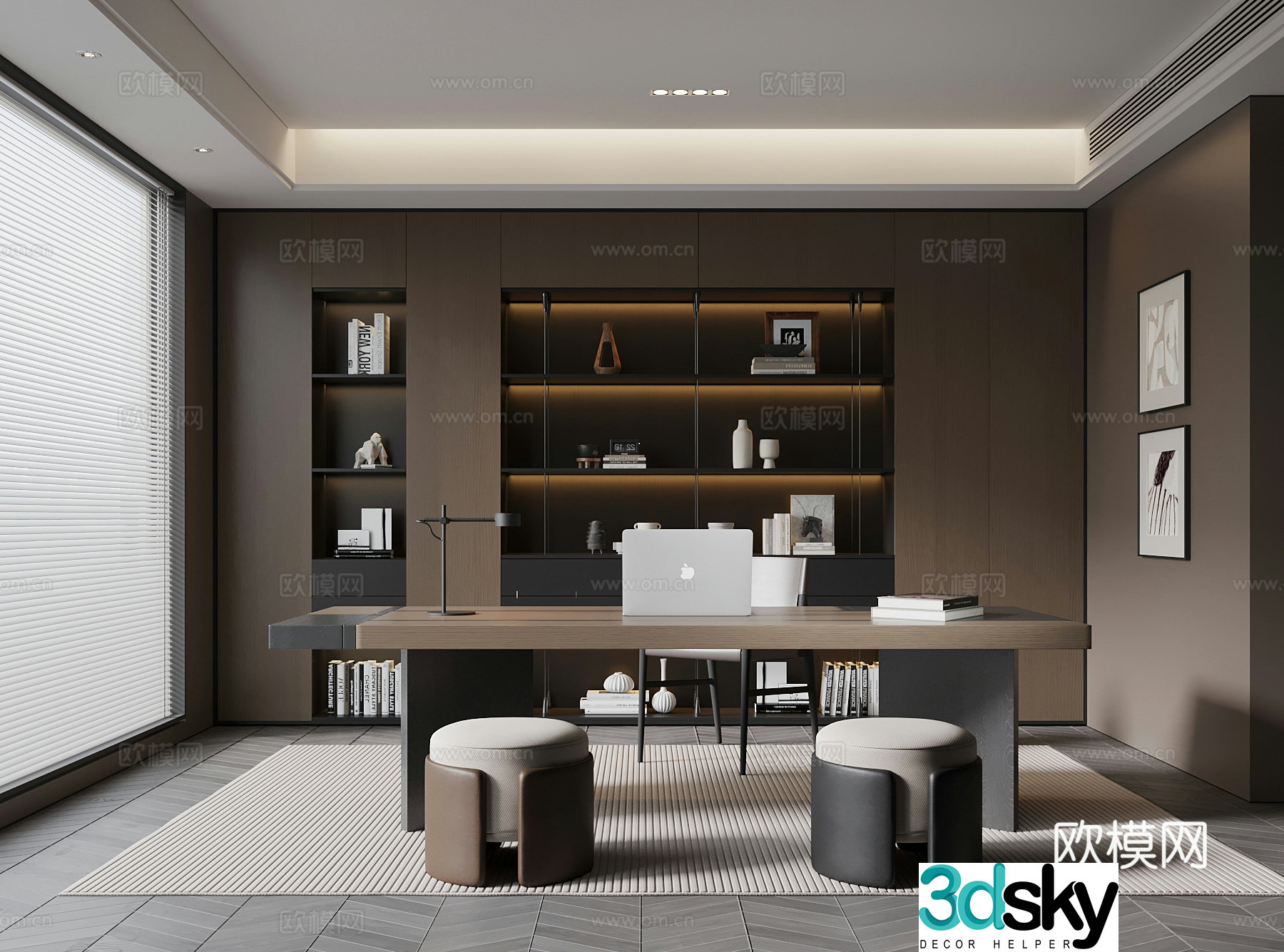 Italian minimalist study room bookcase desk and chair 3D model