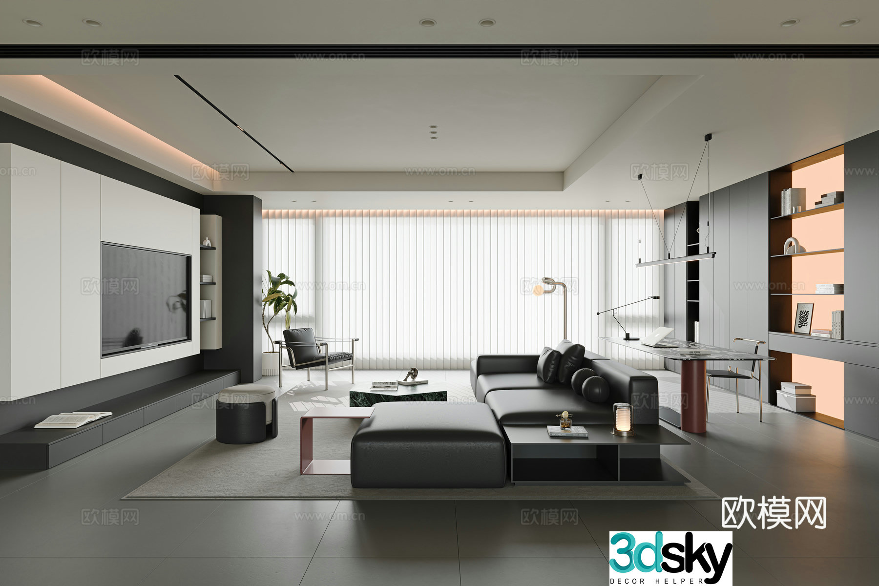 Modern minimalist living room large flat living room horizontal hall sofa and coffee table combination single casual chair 3D model