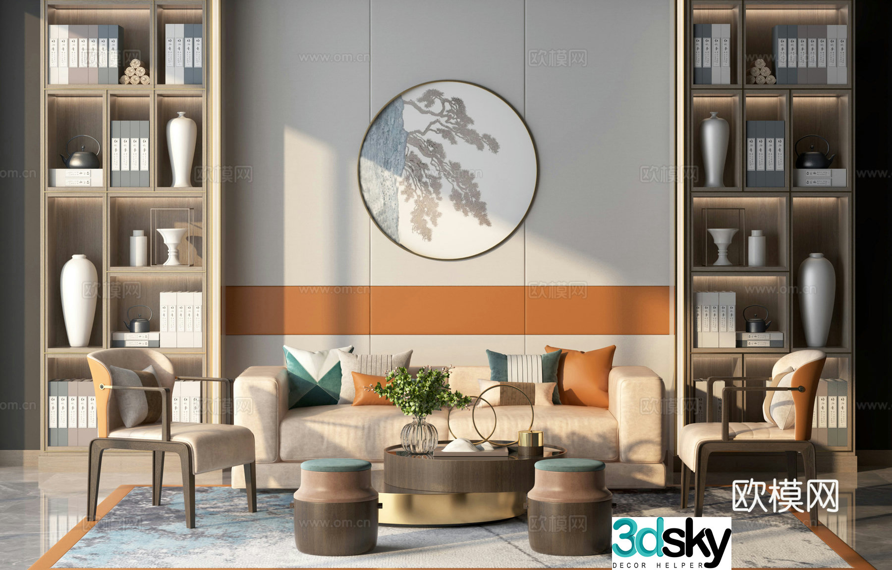 New Chinese style light luxury living room sofa leisure chair coffee table accessories ornaments 3D model