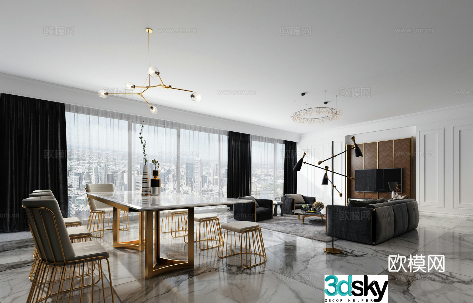 Modern light luxury living room dining table sofa TV cabinet 3D model