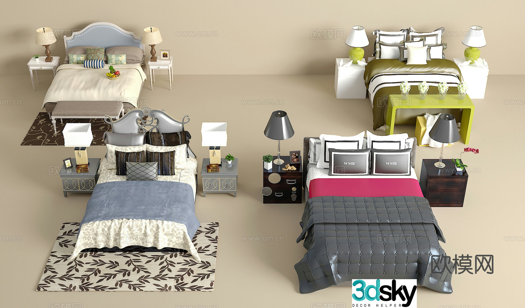 Double bed combination bedside table jewelry ornaments desk lamp carpet pillow 3D model