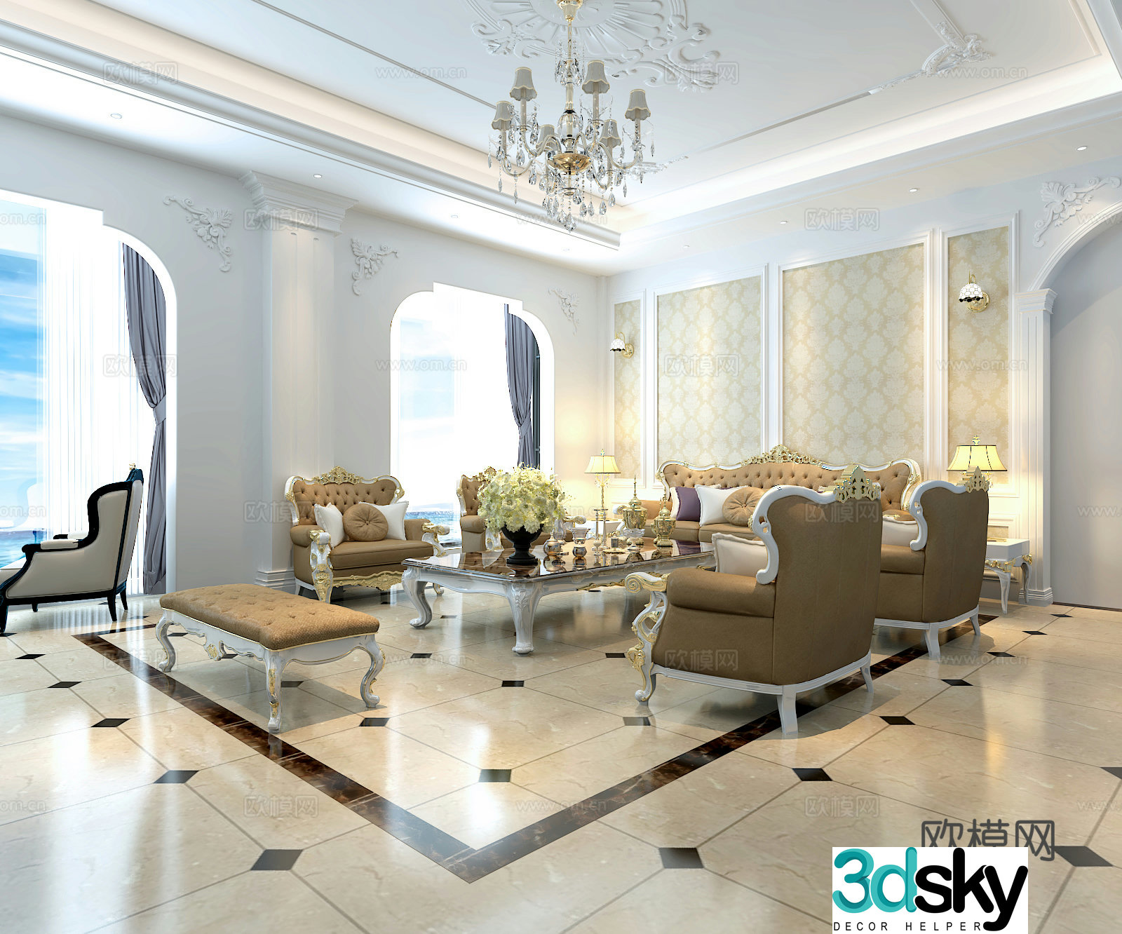 Simple European European style living room sofa chandeliers 3D model