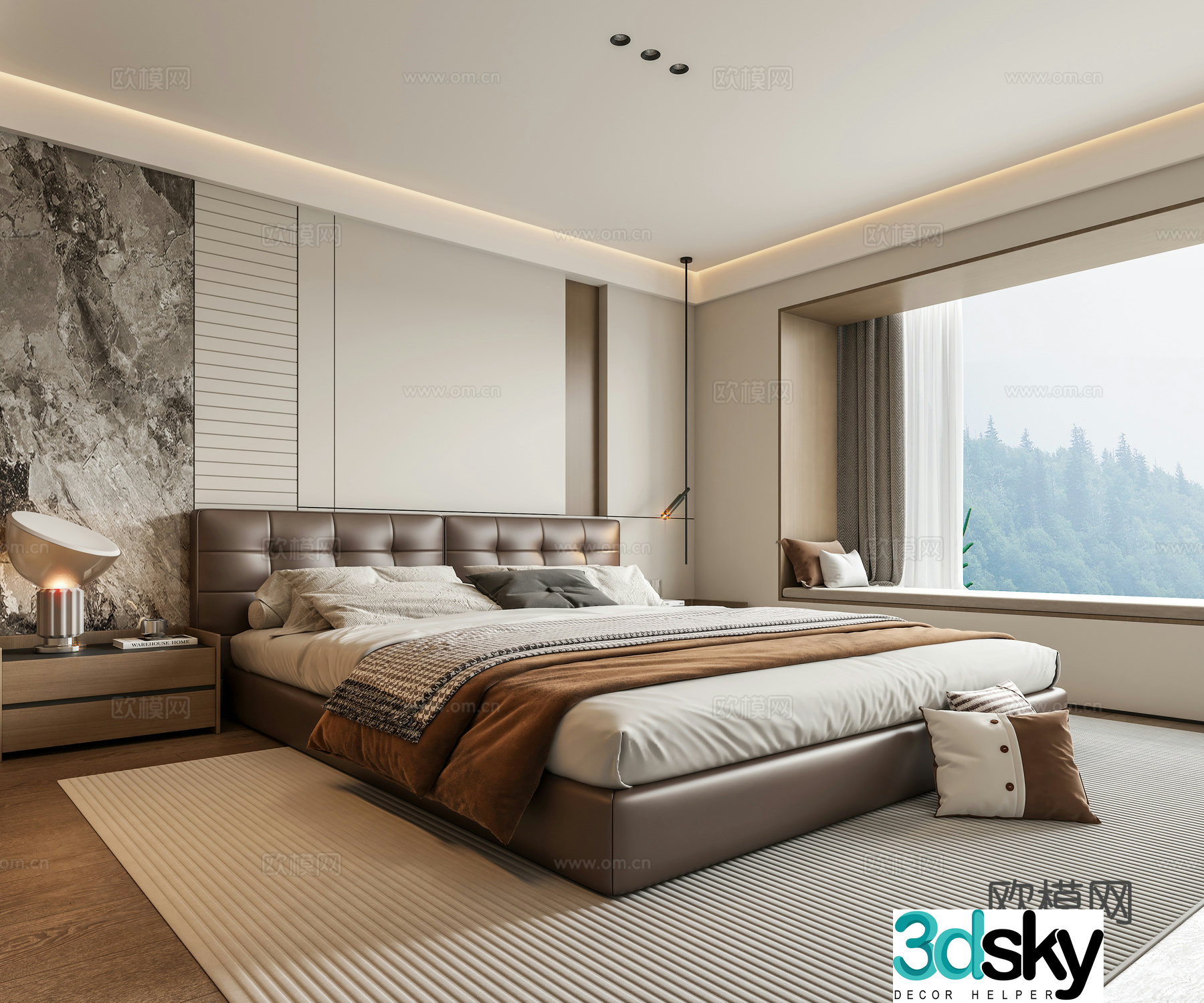 Italian light luxury home bedroom bay window bedroom without owner light leather double bed bedside table hanging line light 3D model