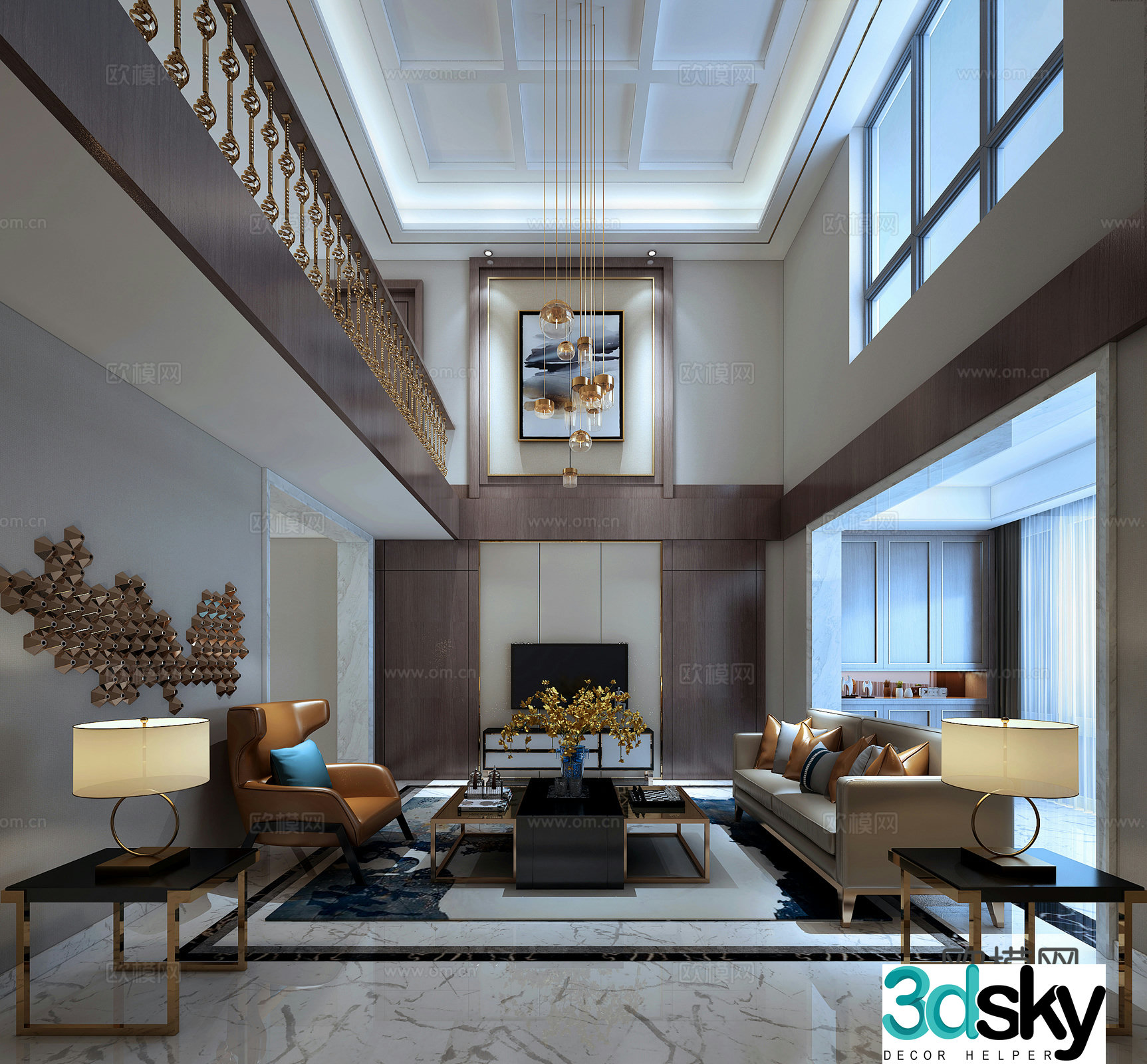 Modern light luxury living room sofa chandeliers corner lamps carpet TV cabinet 3D model