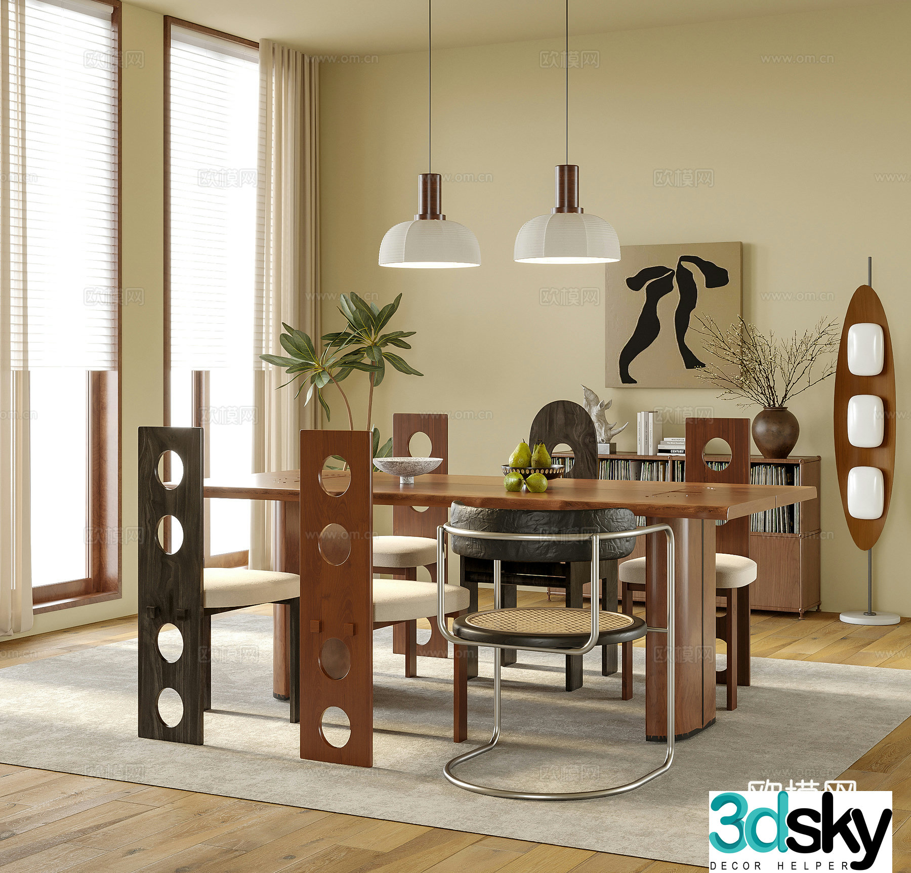 Modern restaurant dining table and chair dining chair dining table bedside chandelier 3d model