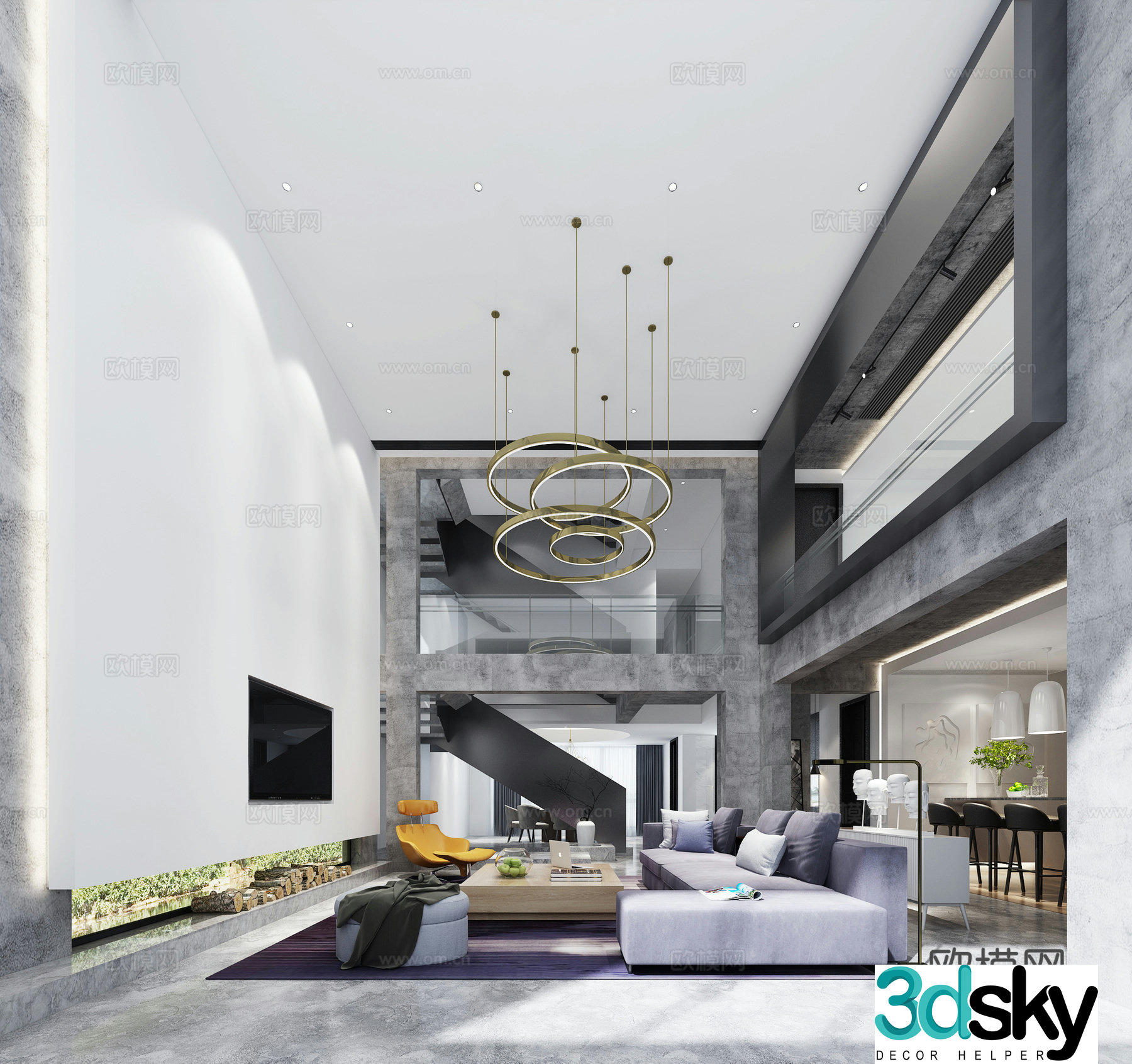 Modern villa living and dining bar corner sofa single sofa coffee table chandelier dining 3d model