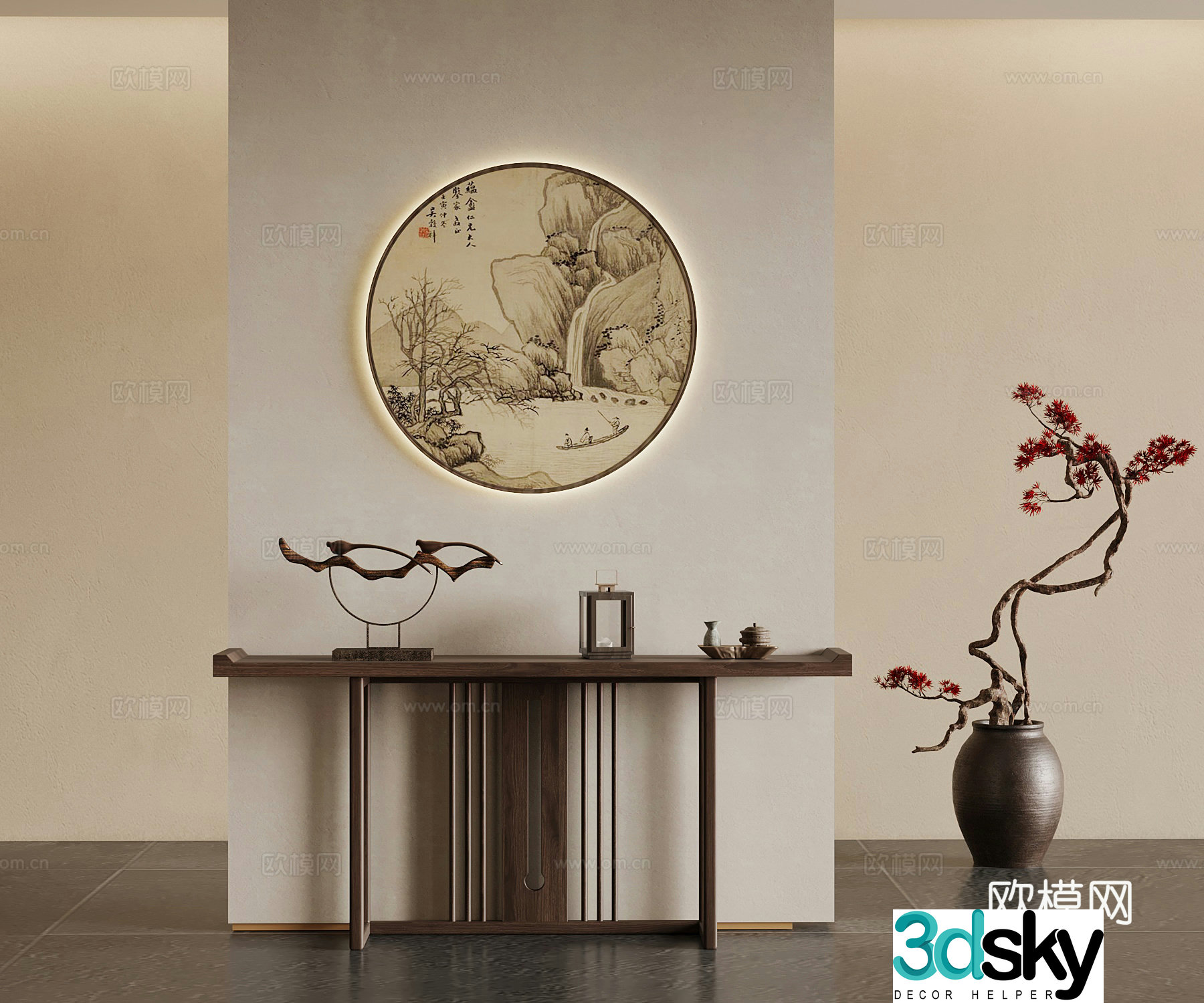 New Chinese style entrance hall end view platform entrance background wall 3D model