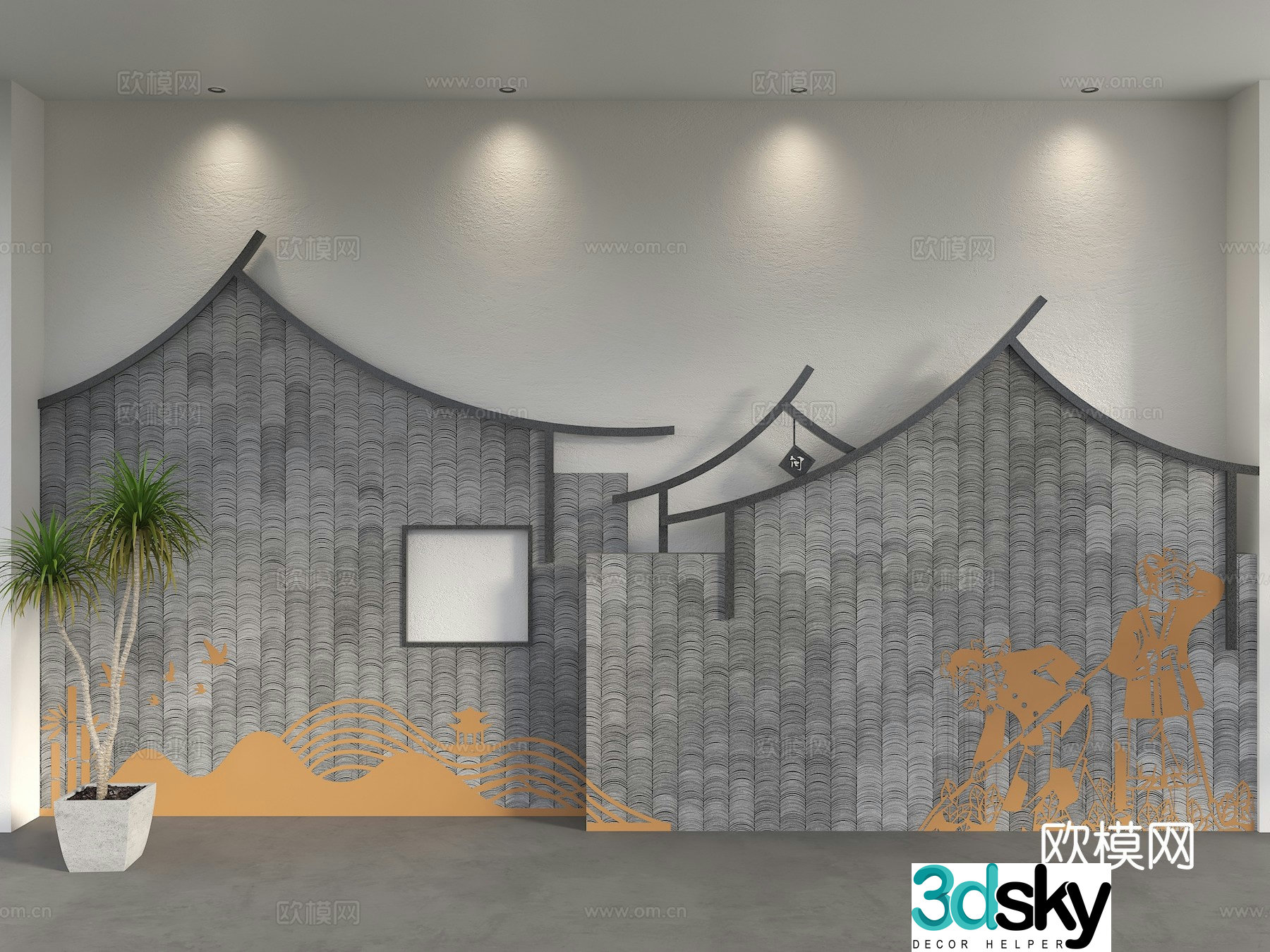 Chinese style background wall tile background wall horse head wall background wall Hui style building background wall construction wheel 3d model