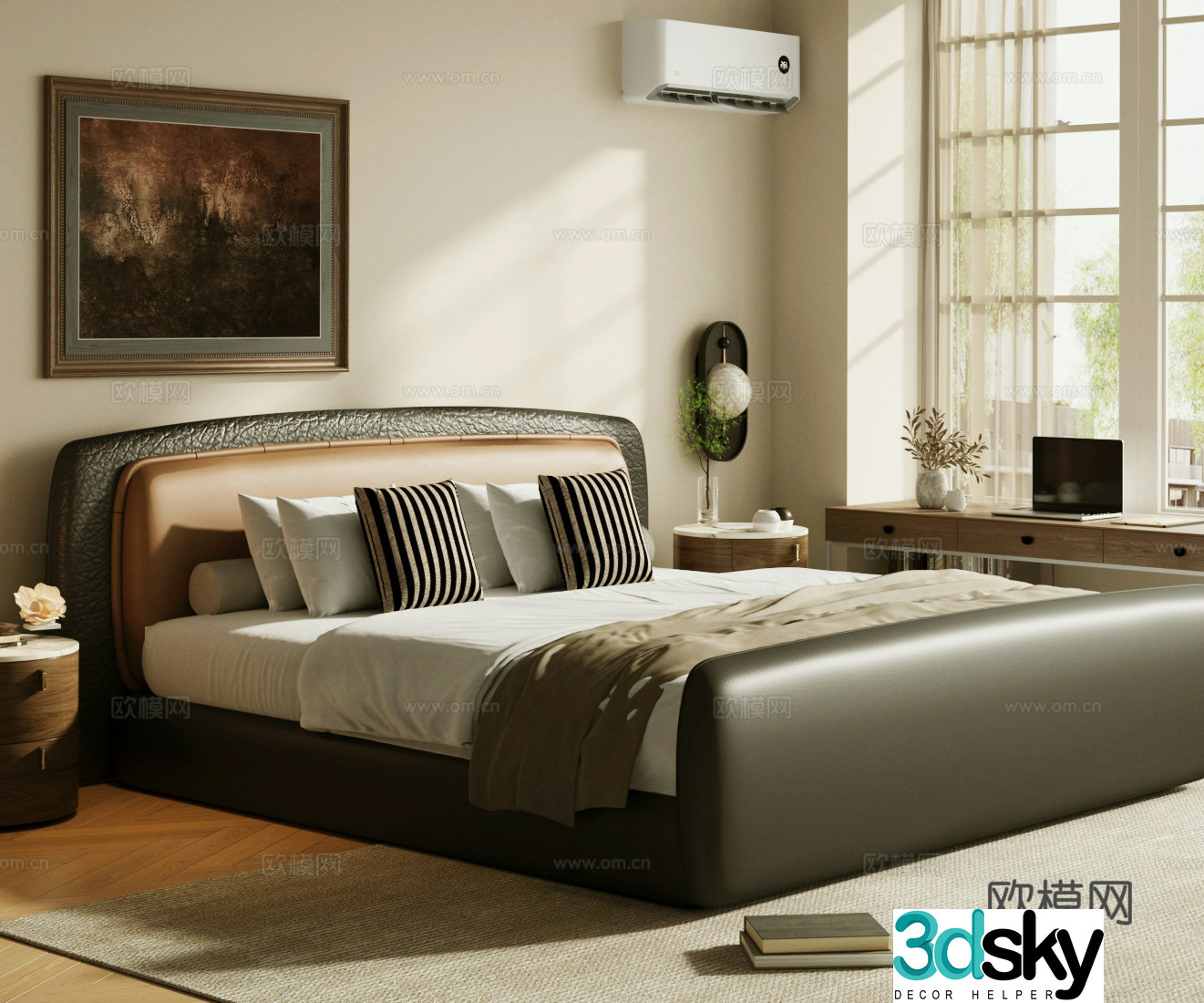 Middle-aged double bed Black leather bed Leather bed Black bed Middle-aged master bedroom Master bedroom bed 3D model