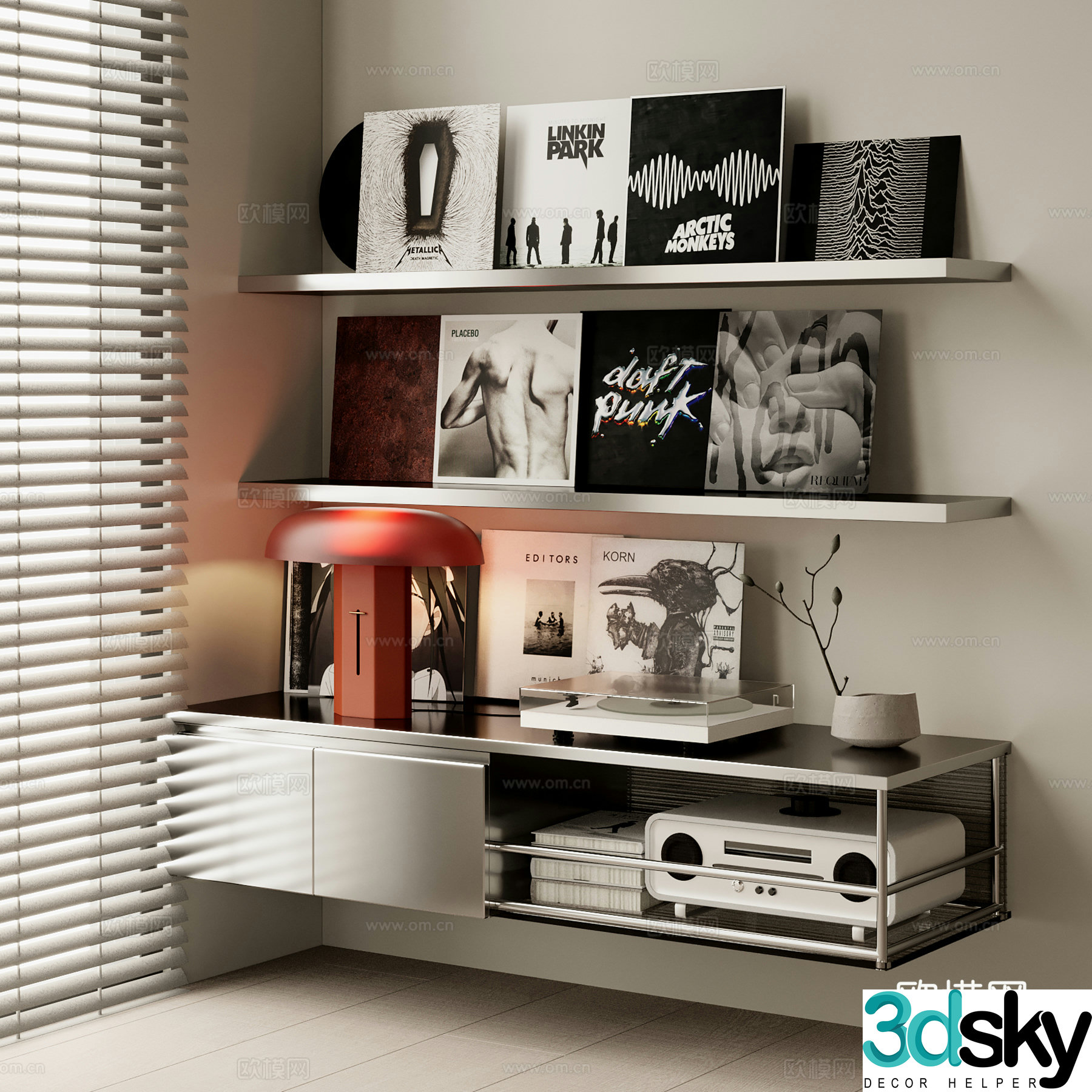Medium style metal bookshelf decorative shelf books desk lamp audio record machine record disc 3d model