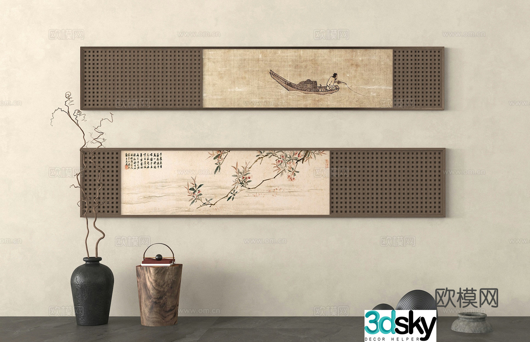 Chinese style hanging paintings ink paintings flower vases hanging painting combination 3D model