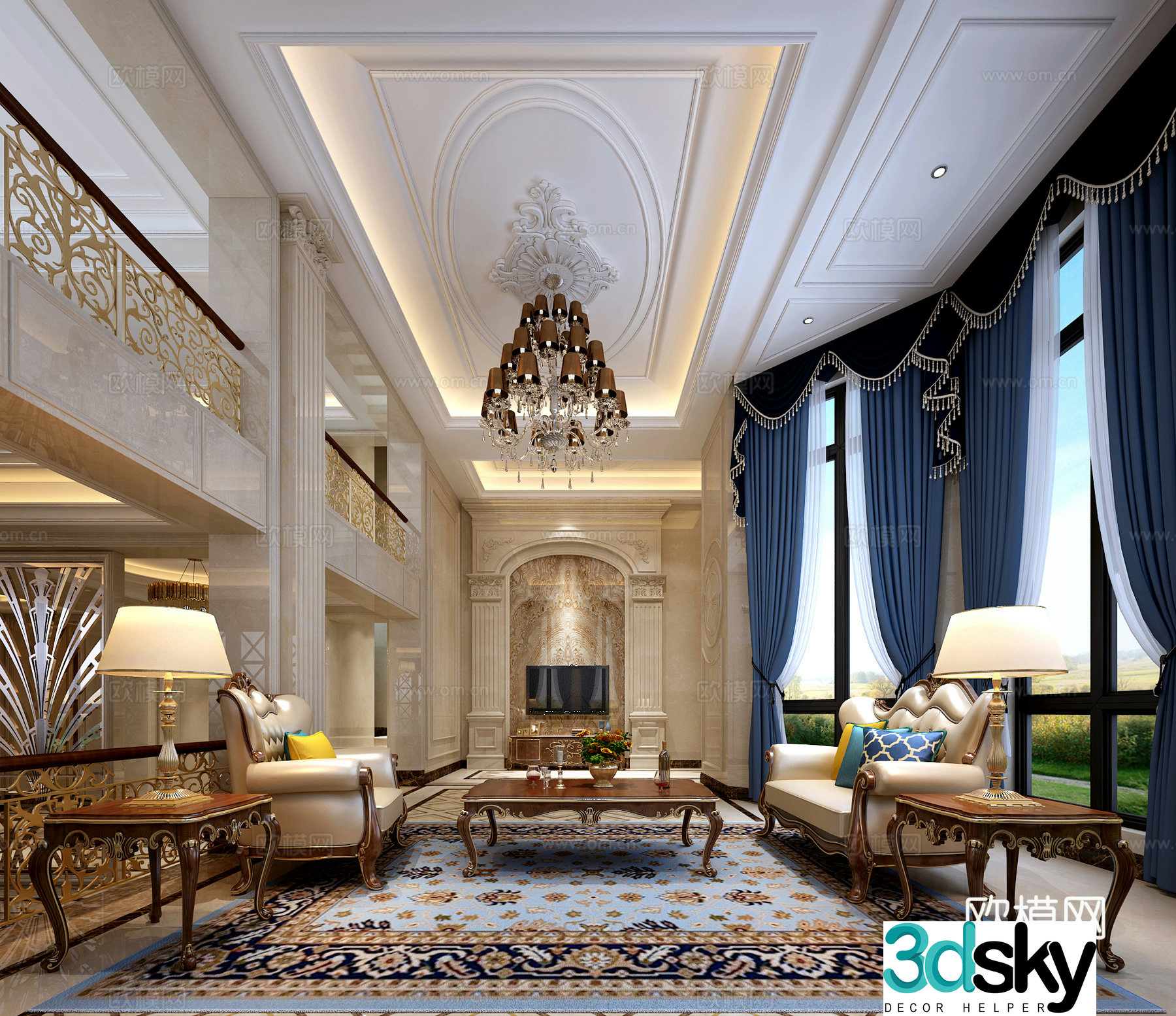 European classical living room sofa curtains TV cabinet chandeliers carpet 3d model