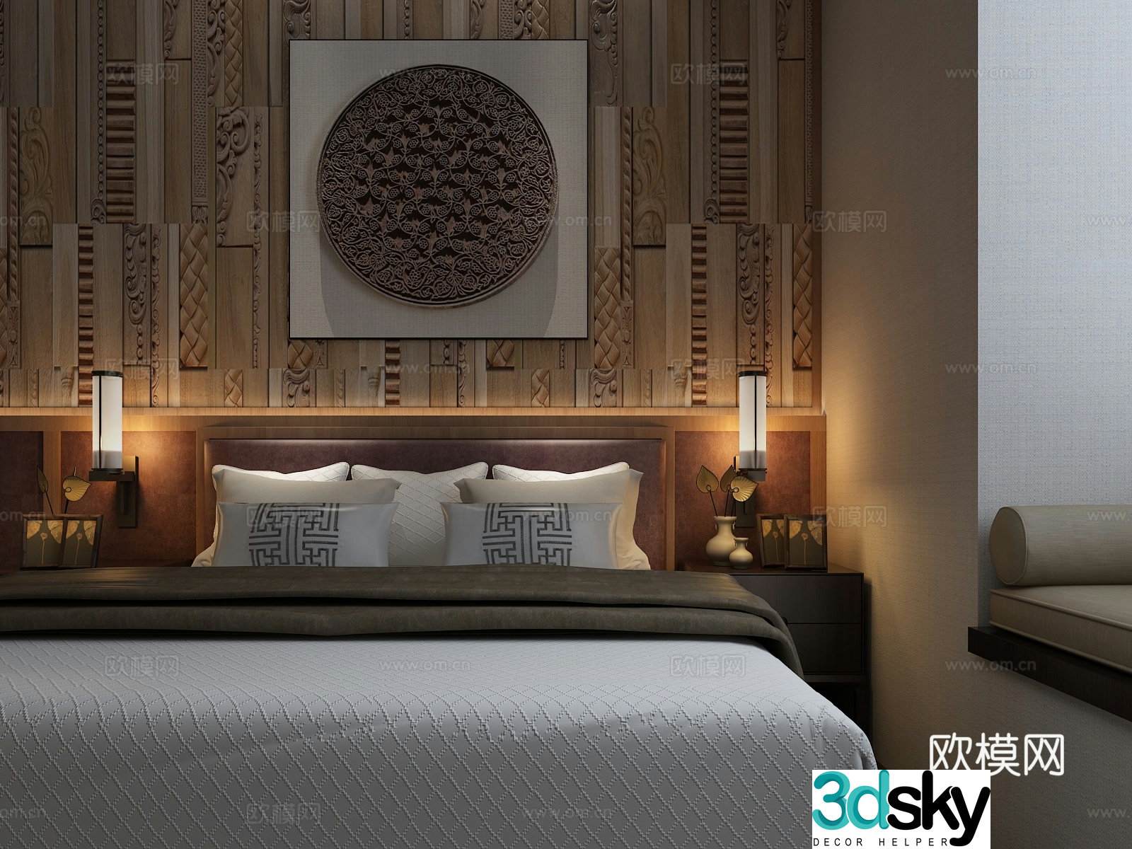 Southeast Asian style double bed wall lamp background wall decoration 3d model