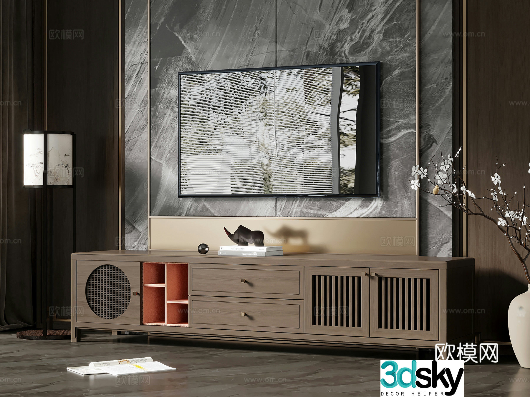 TV cabinet new Chinese TV background wall TV cabinet 3d model