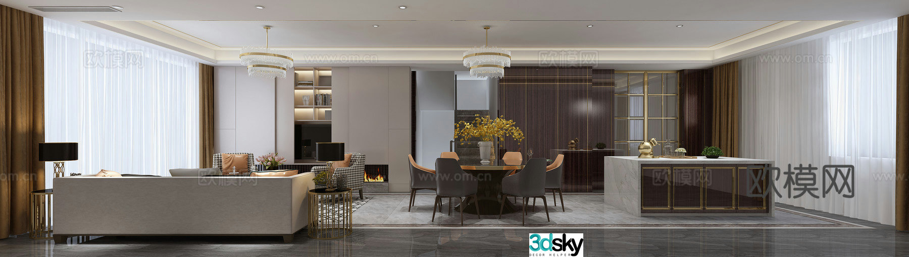 Postmodern living room sofa carpet chandelier wall lamp dining table chair western kitchen bar 3d model