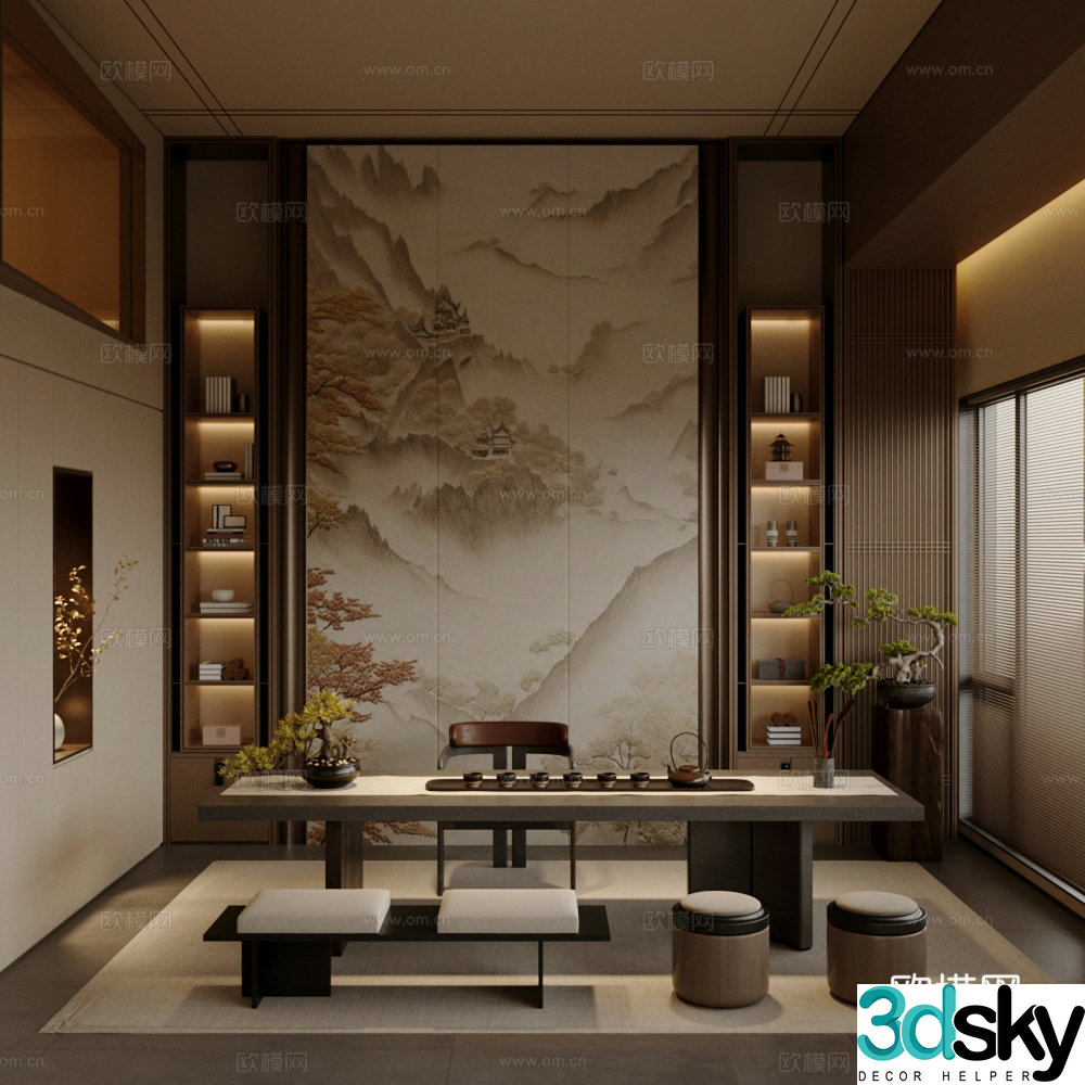 New Chinese-style tea room Club tea room Empty tea room Chinese-style tea room Tea table and chair Tea room cabinet 3D model