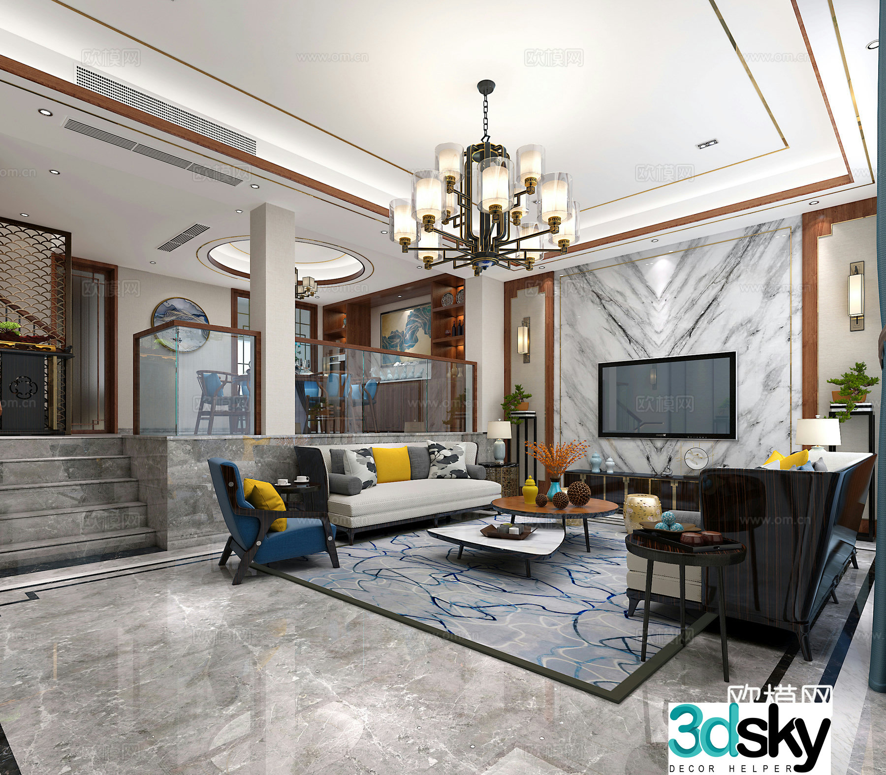 New Chinese living room and dining room New Chinese sofa coffee table combination Dining table and chair combination Decoration 3D model