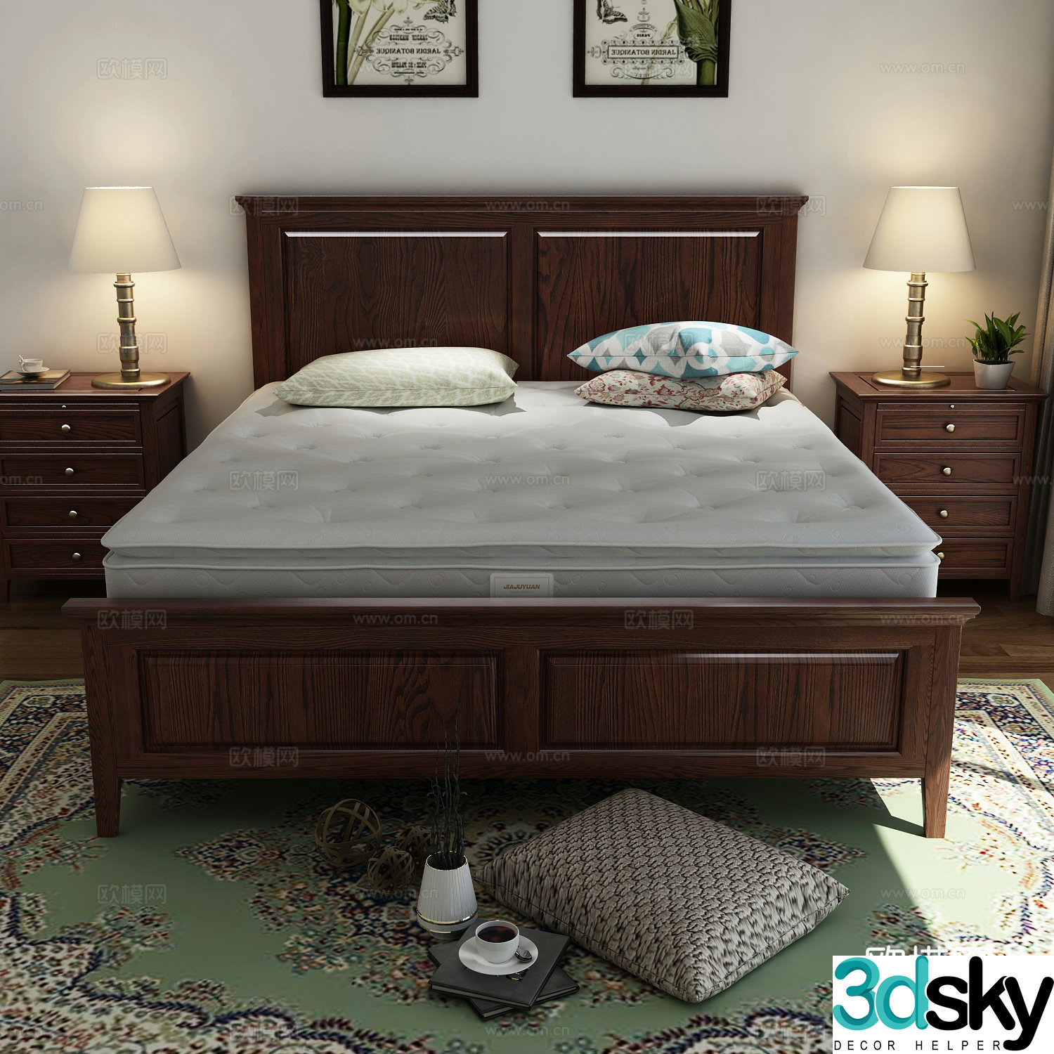 American simple and beautiful solid wood bed mattress model American nightstand 3D model