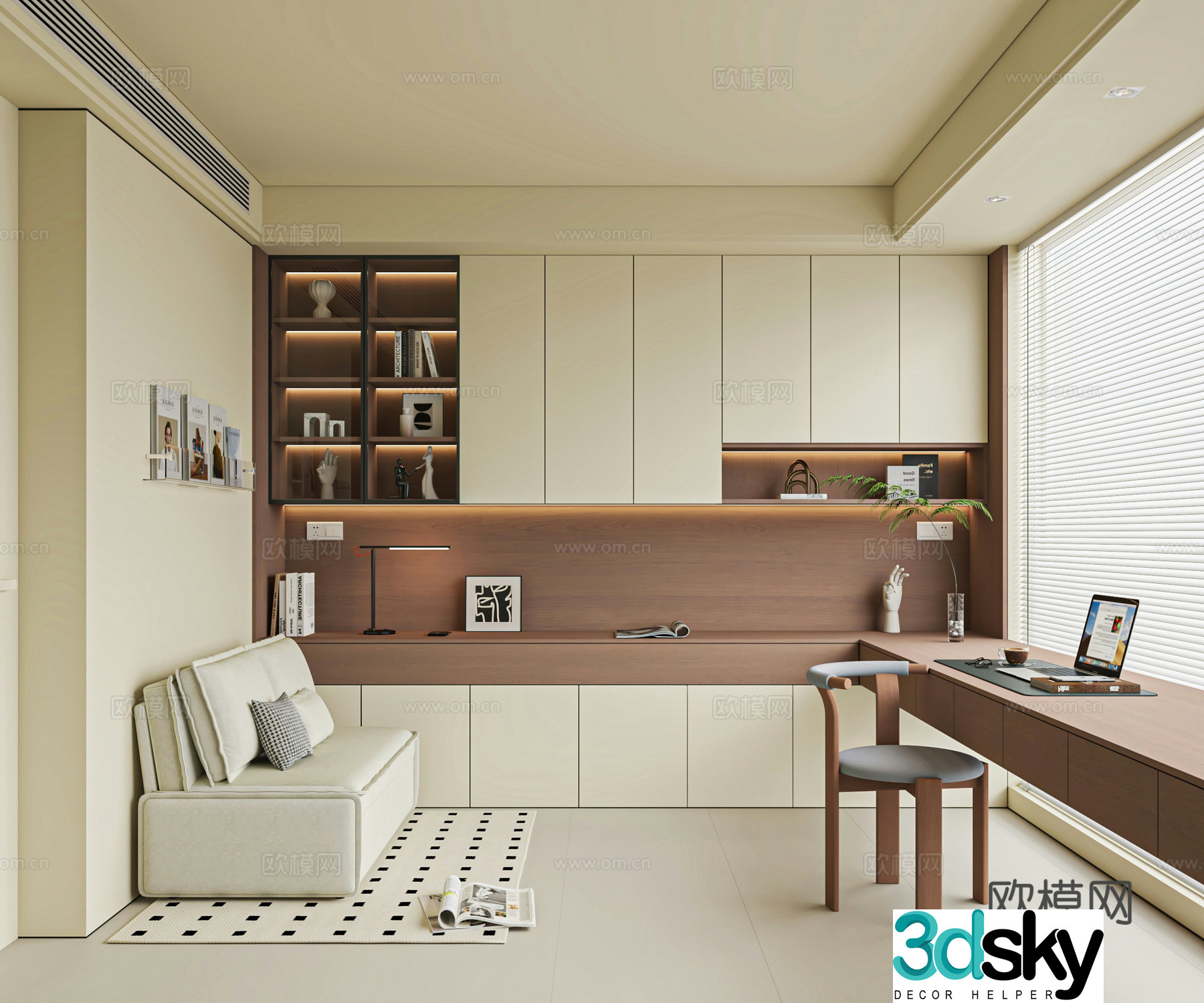 Modern Cream Study Room Floating Desk Tofu Block Sofa Custom Bookcase 3D Model