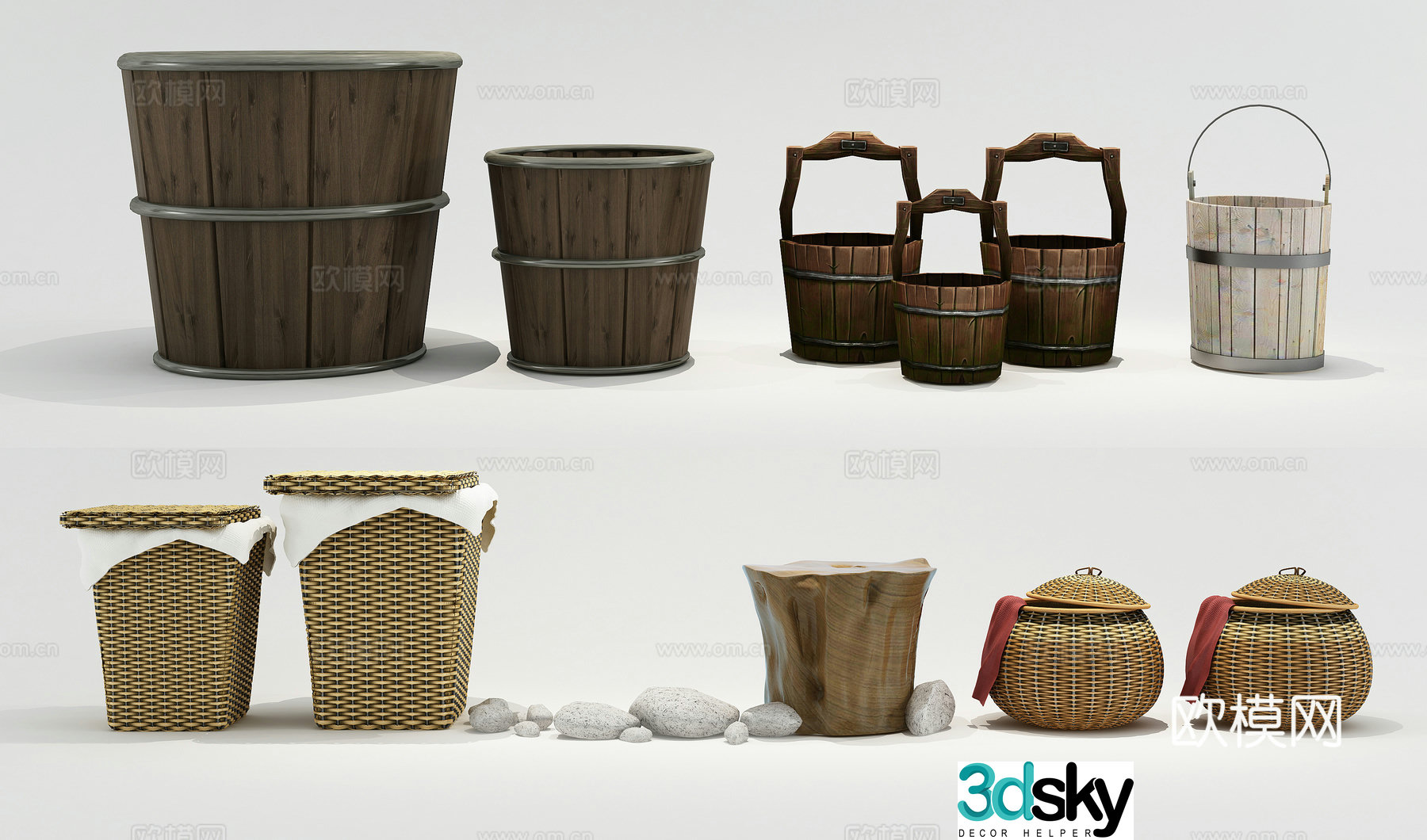 Wooden barrel straw basket 3D model
