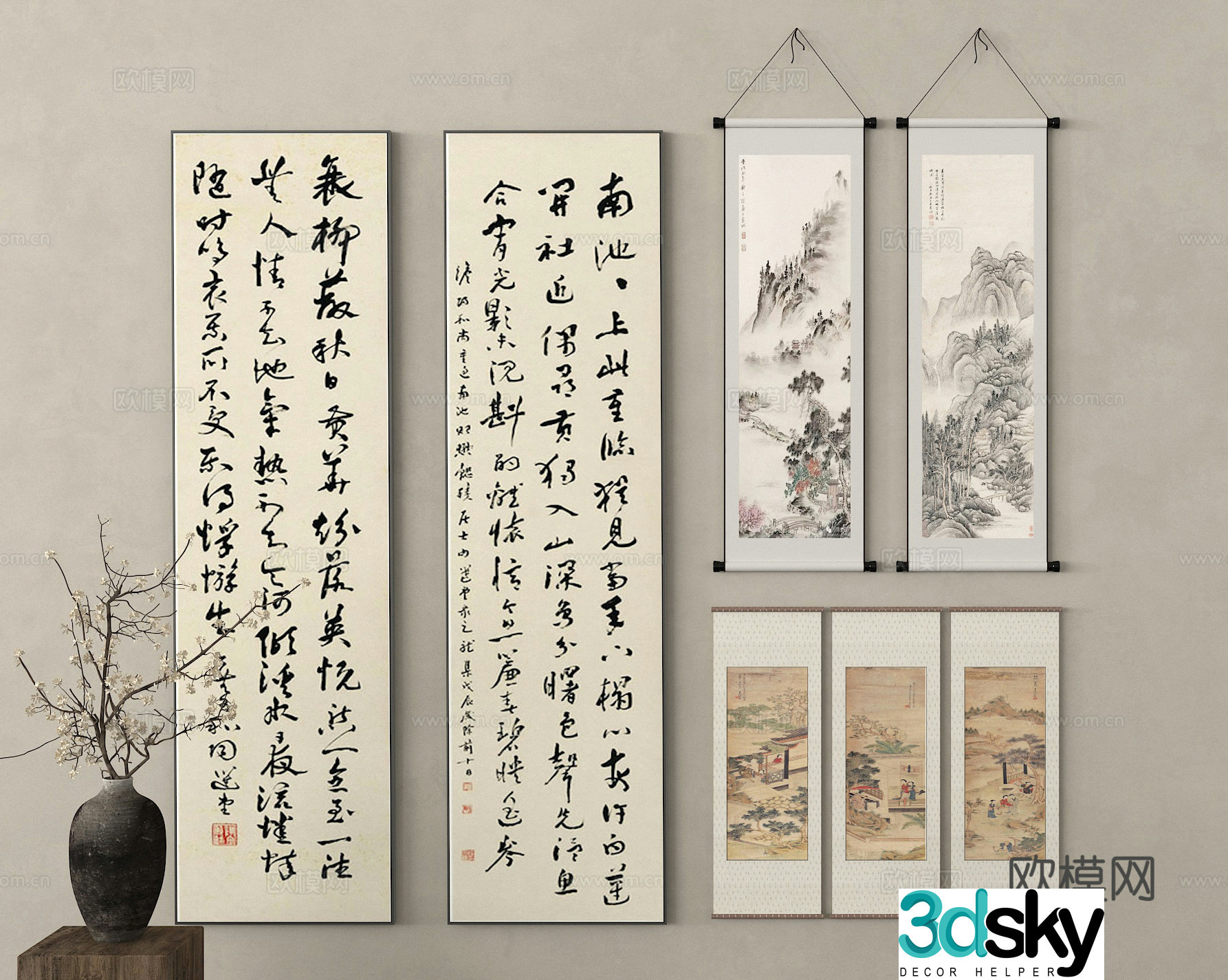 Chinese style hanging paintings ink paintings calligraphy and calligraphy scroll painting combination vase flower art 3D model