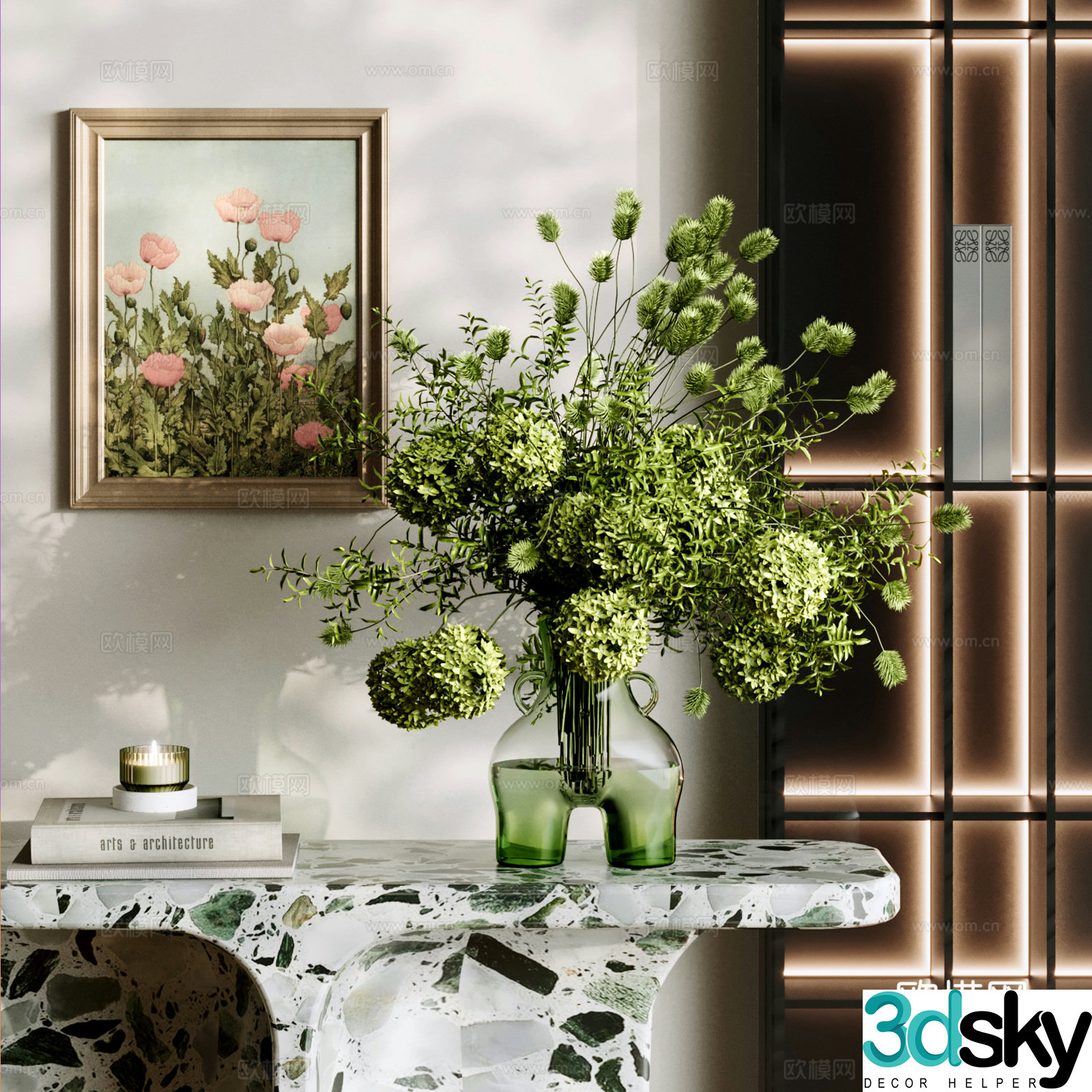 Modern floral ornaments Glass vase Books and accessories Artistic flower arrangement Flowers and flowers Mysterious 3D model