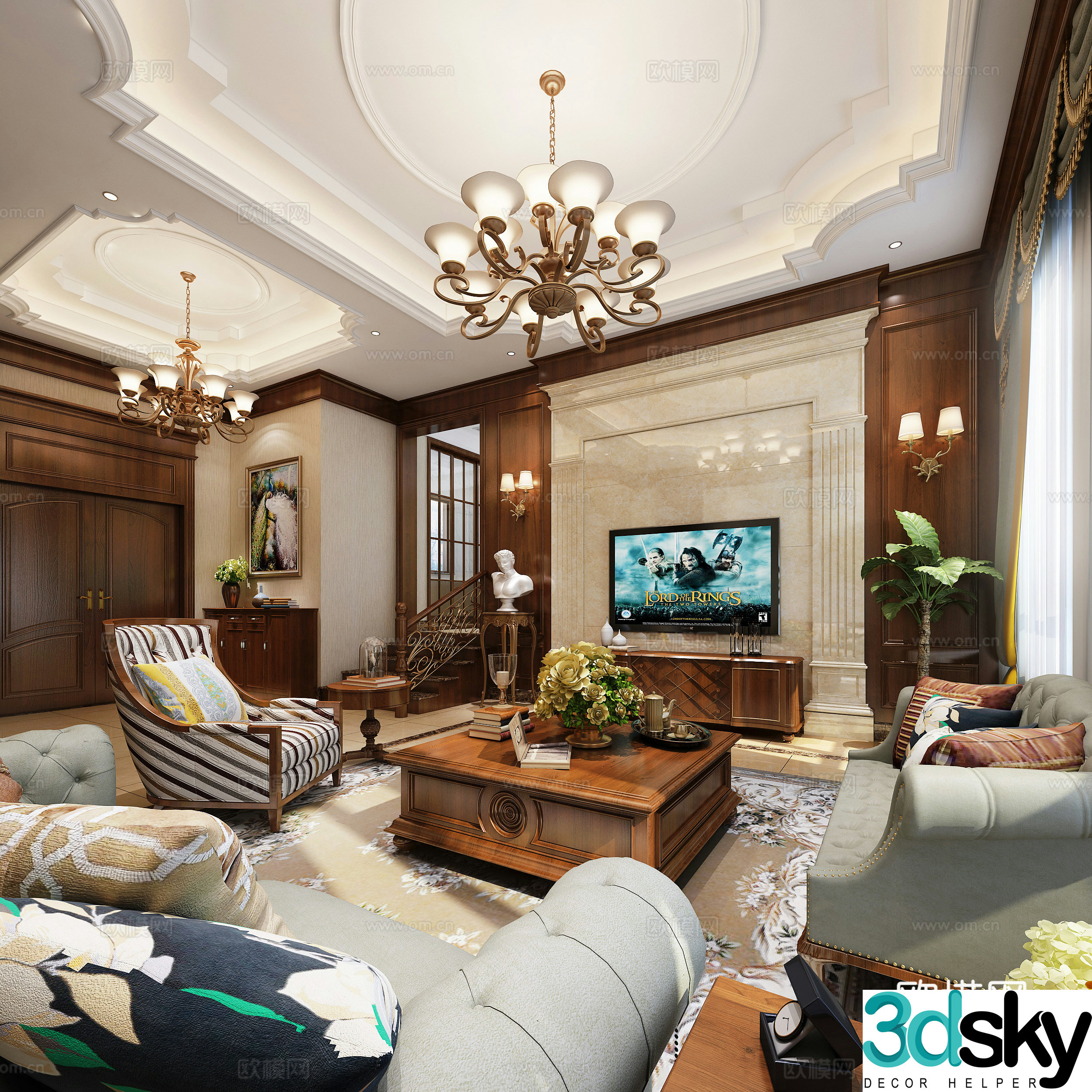 American living room chandelier sofa coffee table TV cabinet 3d model