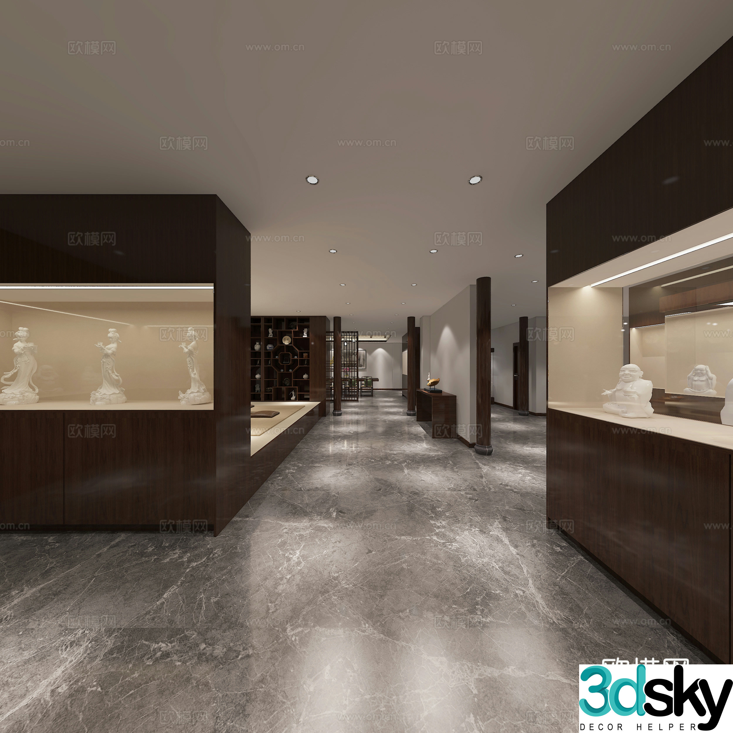 Chinese exhibition hall display cabinet tea room tea table and chair combination porcelain ornaments tatami chandeliers Buddha statue 3D model