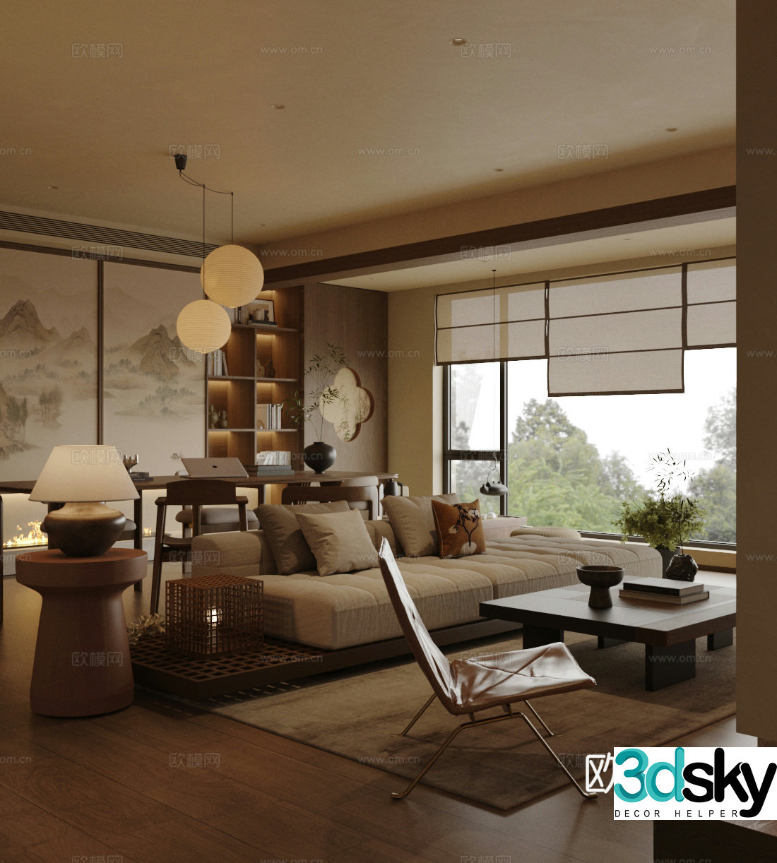 New Chinese Zen Living Room Chinese Song Living Room Chinese sofa coffee table combination Chinese style 3D model without a master lamp