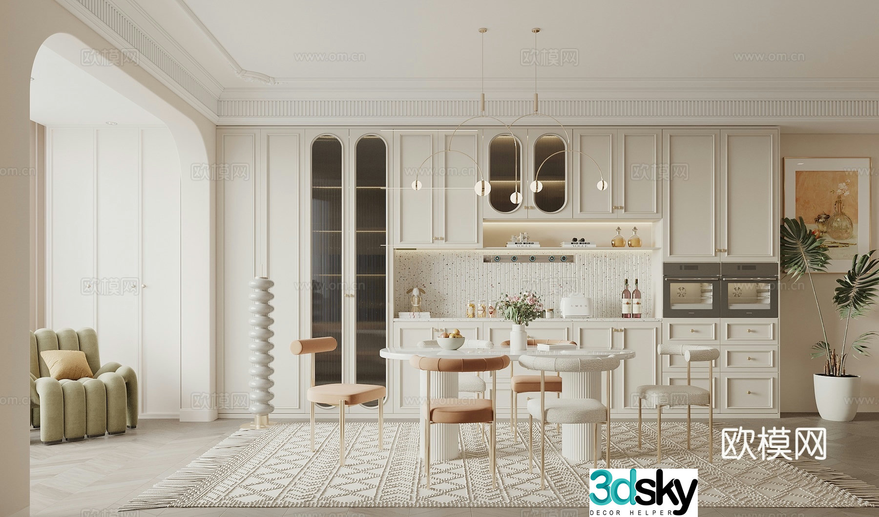 French simple European restaurant dining table and chair combination wine cabinet sideboard French chandeliers leisure chair accessories 3d model