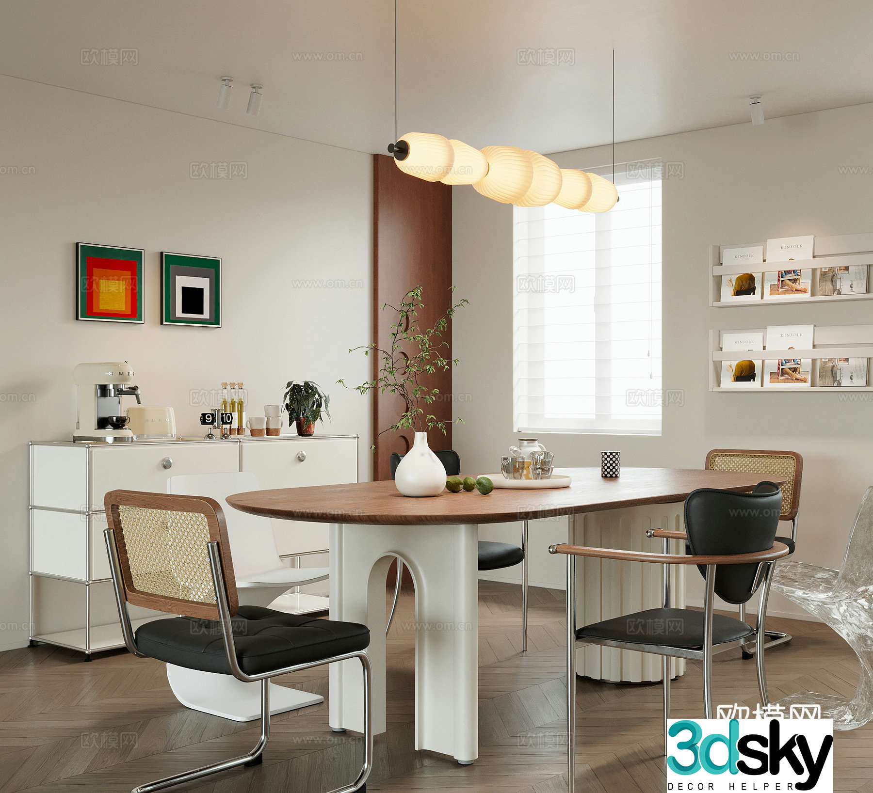 Restaurant Modern medieval restaurant Dining table and chairs Sideboard Chandelier 3d model