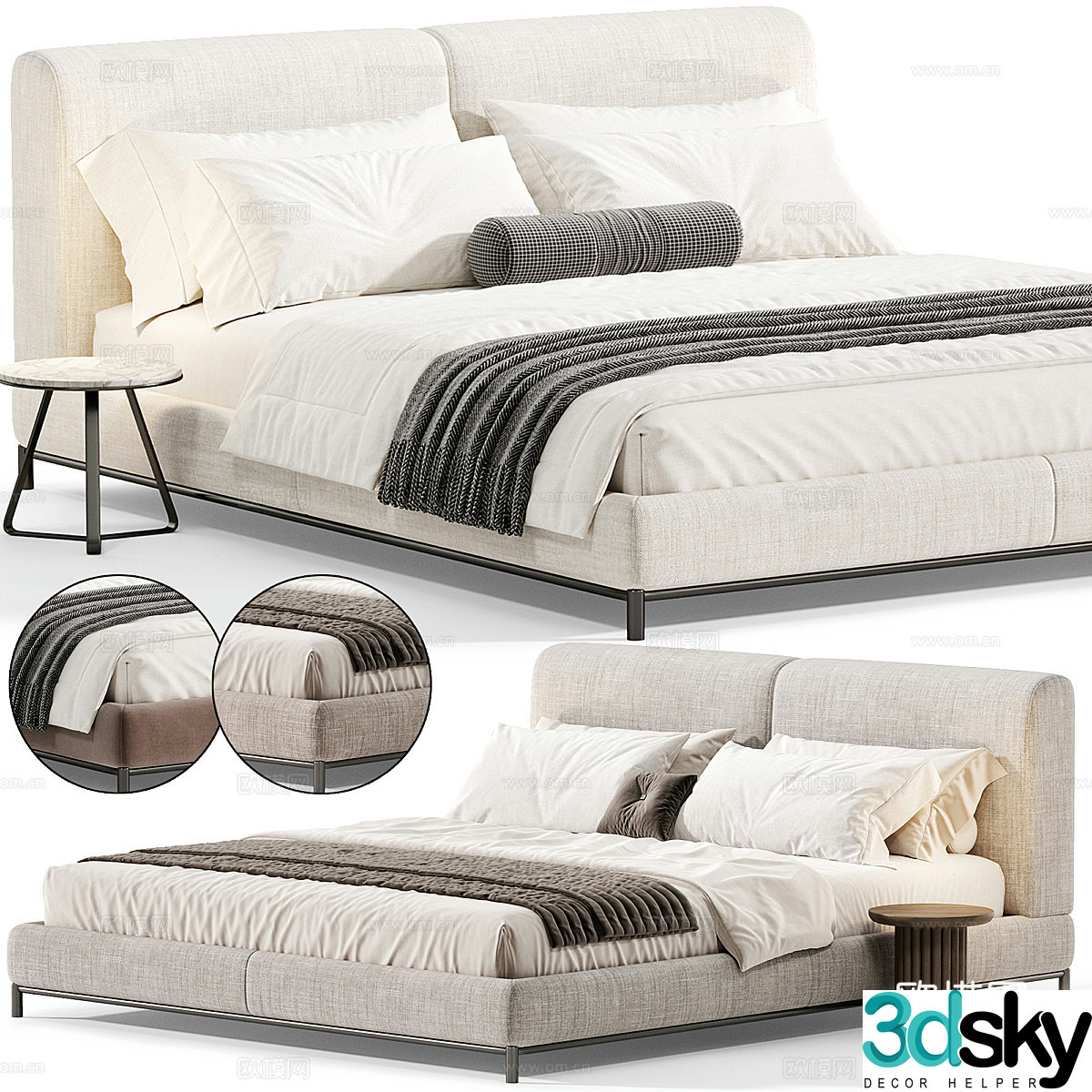 Modern cream style fabric double bed 3d model