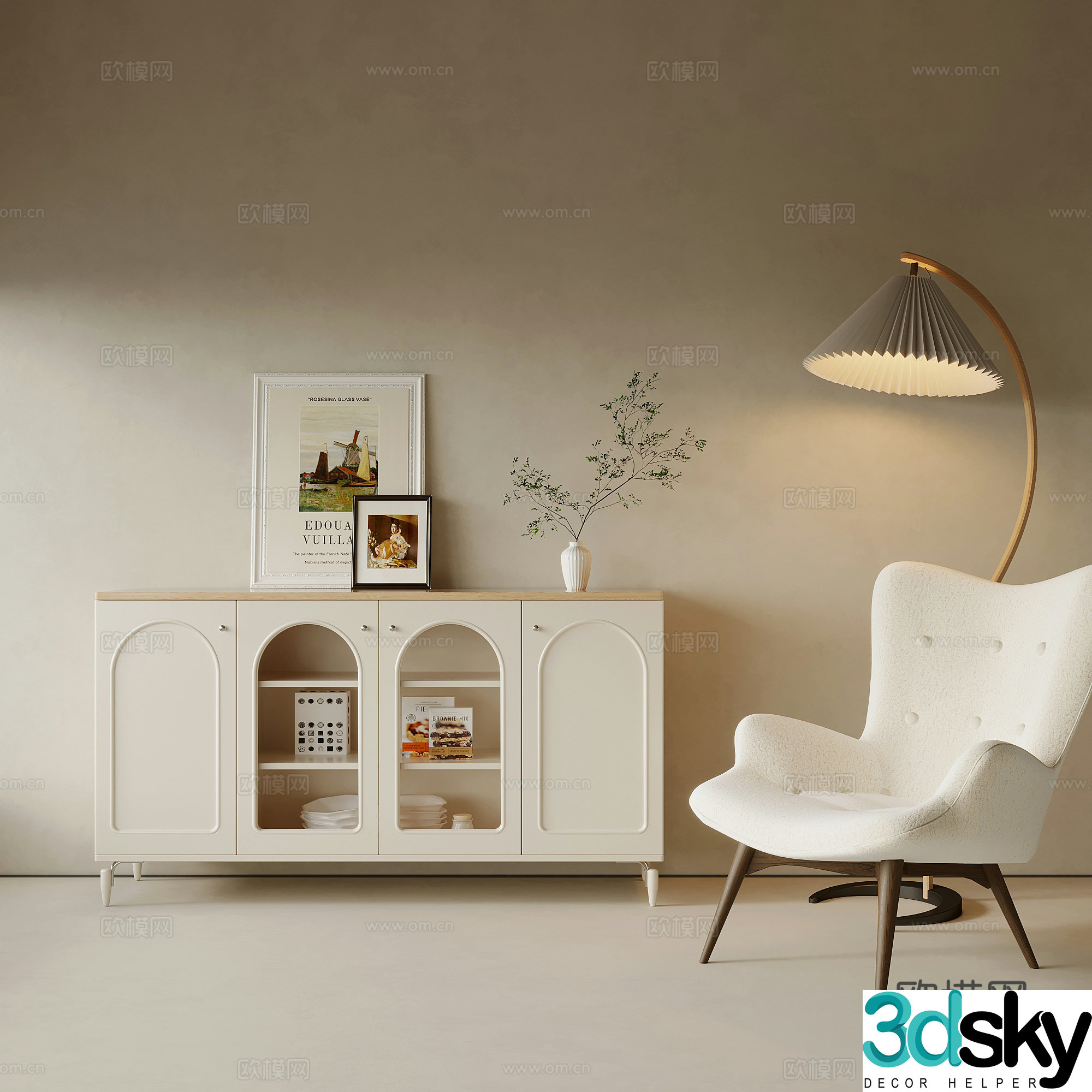 Entrance cabinet modern cream-style sideboard leisure chair floor lamp 3d model