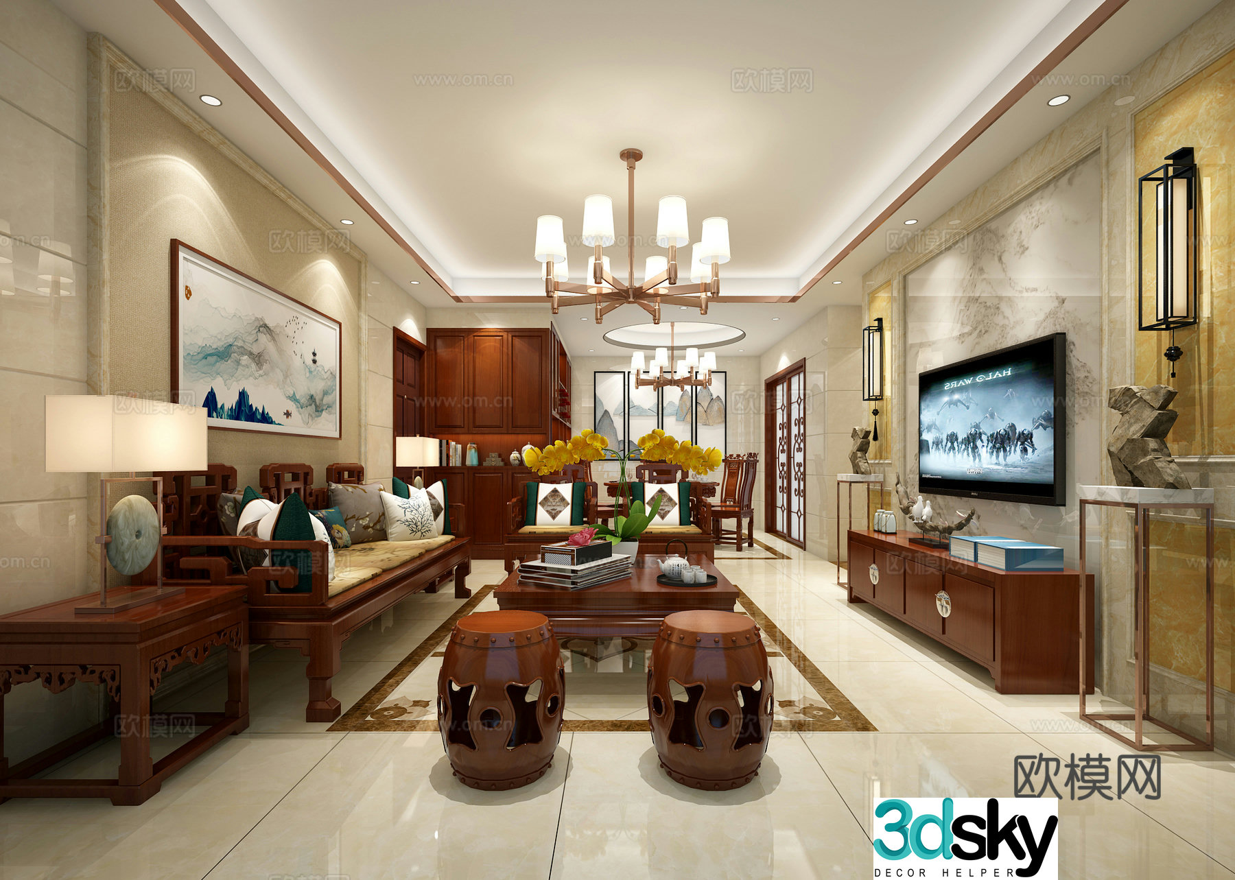 New Chinese style Chinese living and dining room 3D model