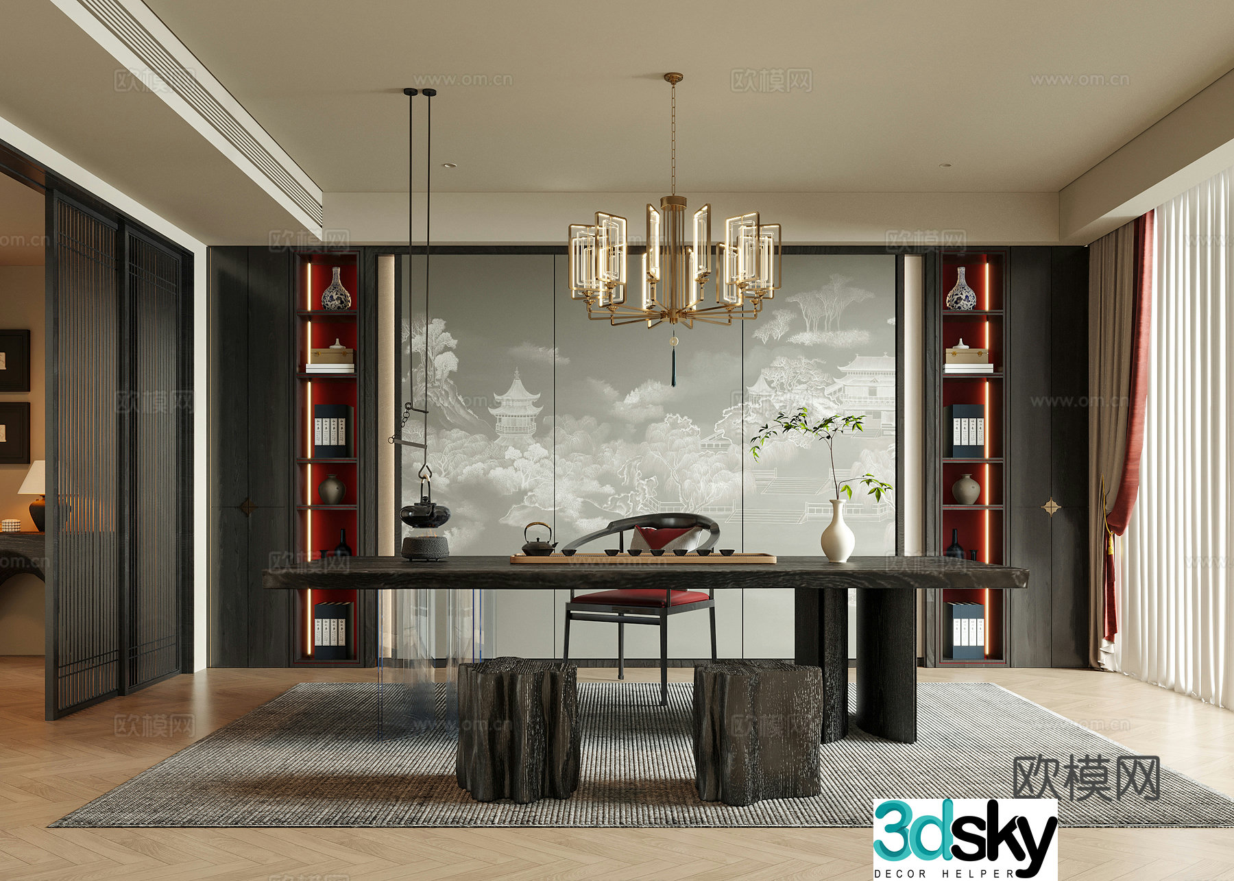 New Chinese style tea room Study room Tea table and chairs Desk and chair New Chinese style chandelier 3D model