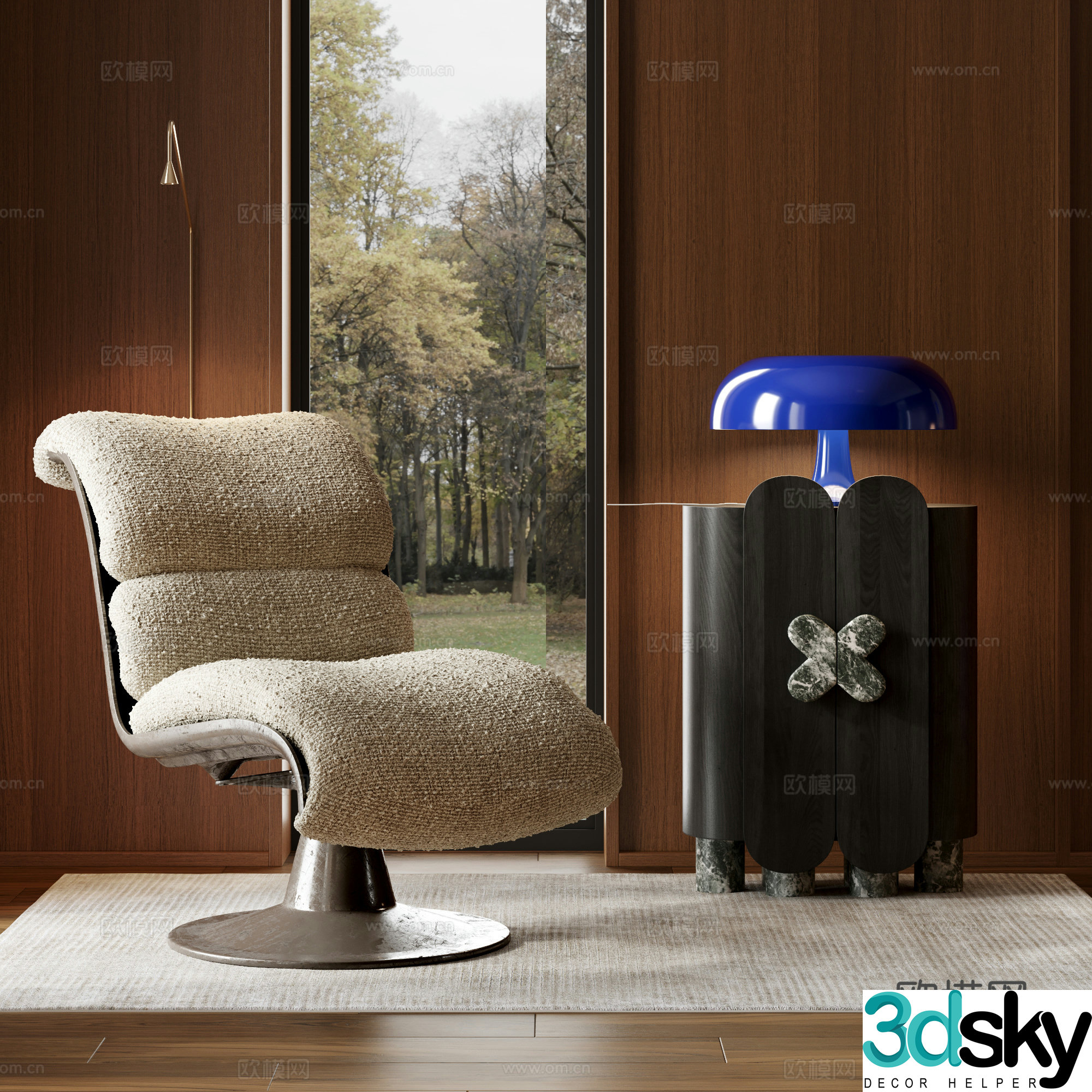 Medium style leisure chair single sofa side table medieval table lamp carpet 3D model