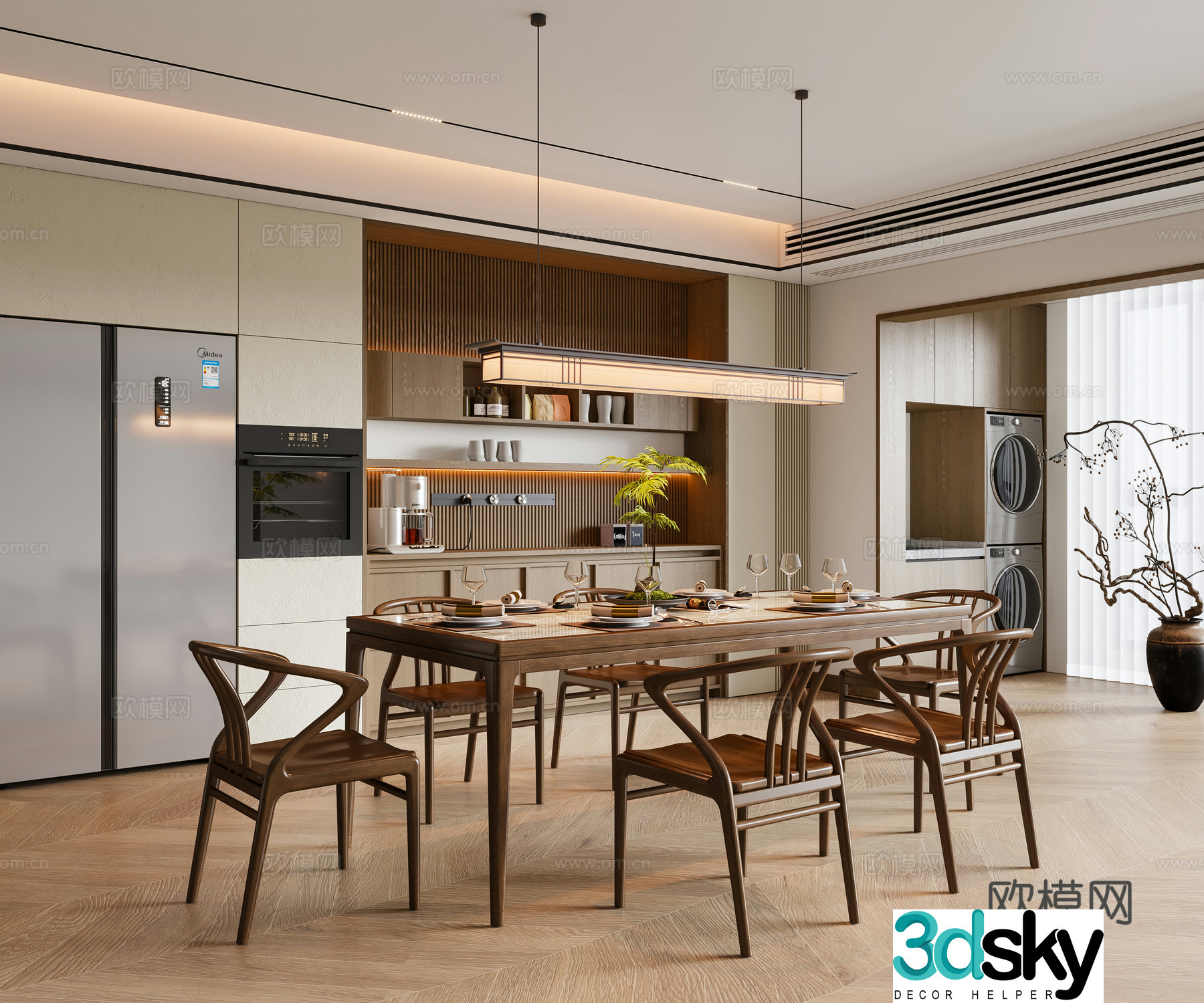 New Chinese Song style restaurant dining table and chair chandeliers sideboard wine cabinet 3D model