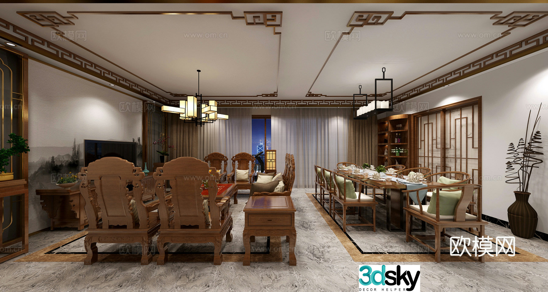 New Chinese style modern Chinese living room dining model 3D model