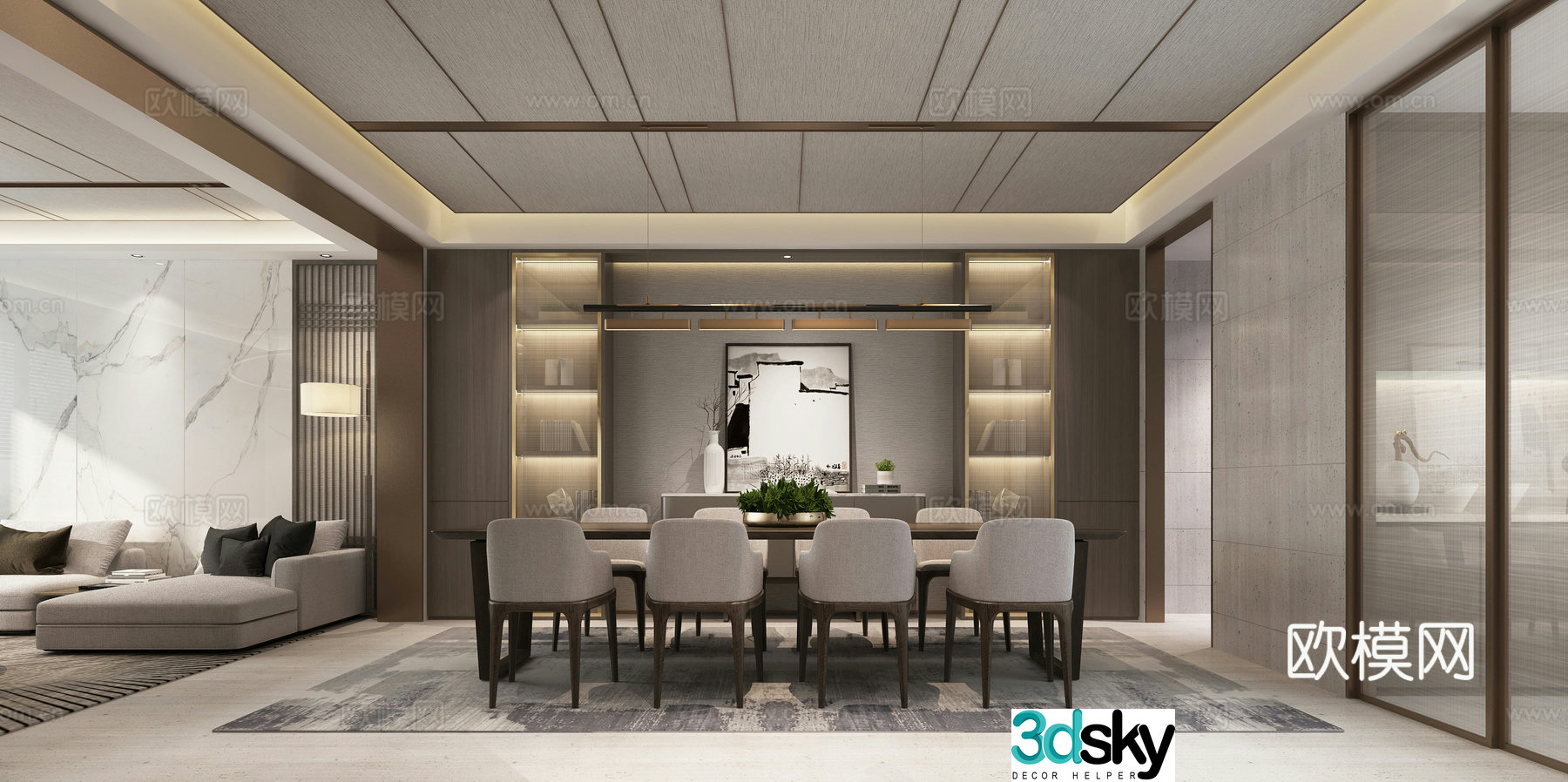 Modern living and dining room living room dining dining table and chair sofa chandeliers TV wall 3d model