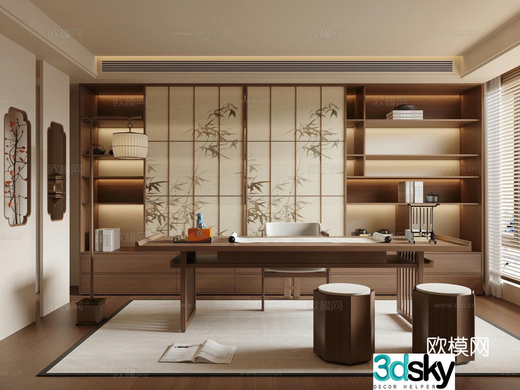 New Chinese Zen Study Song Family Study Middle-aged Study Desk and Chair Bookcase Open 3D Model