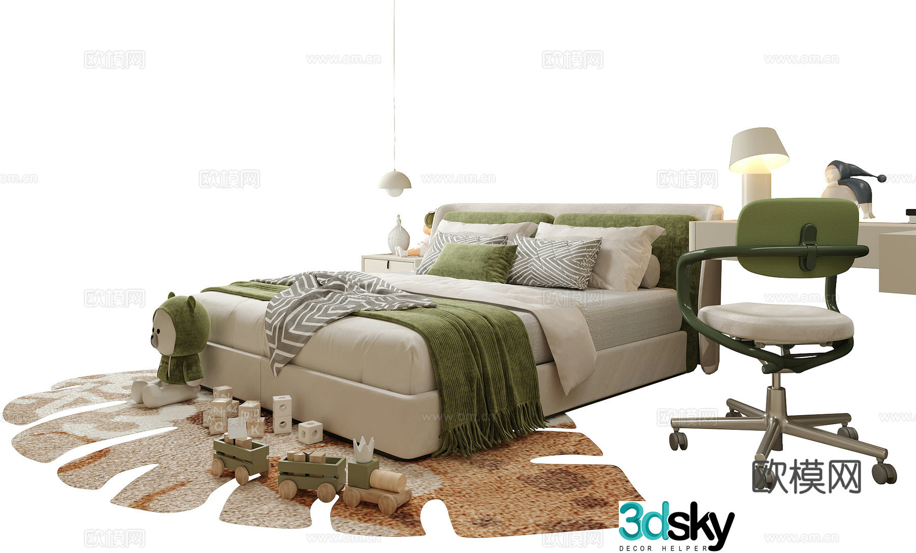 Modern children’s bed children’s bedside table bedside chandelier 3d model
