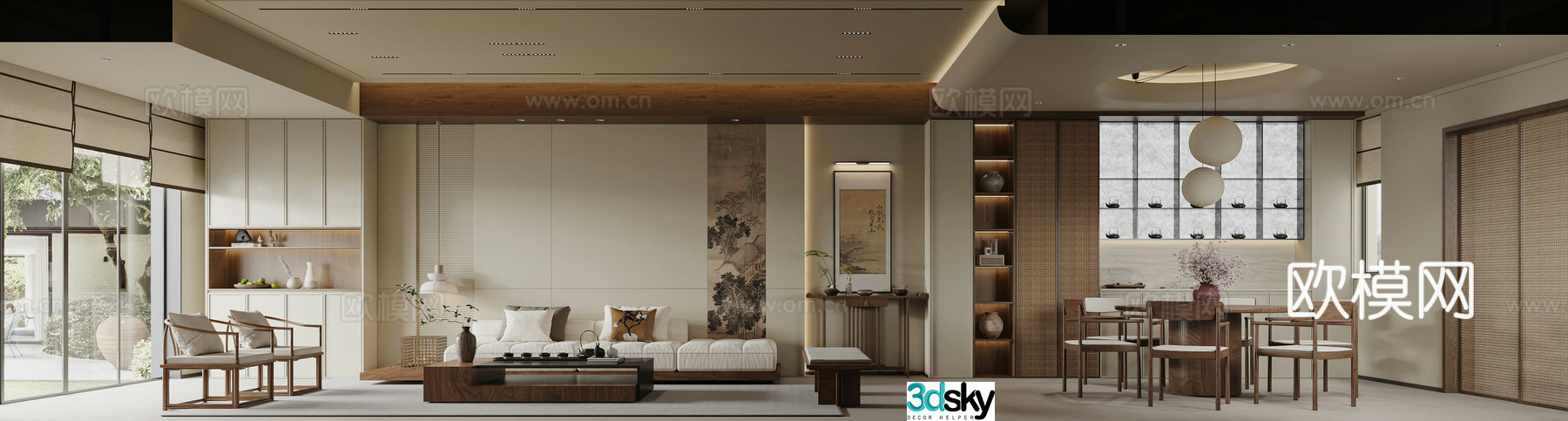 Song style Zen new Chinese style living and dining room sofa background 3d model