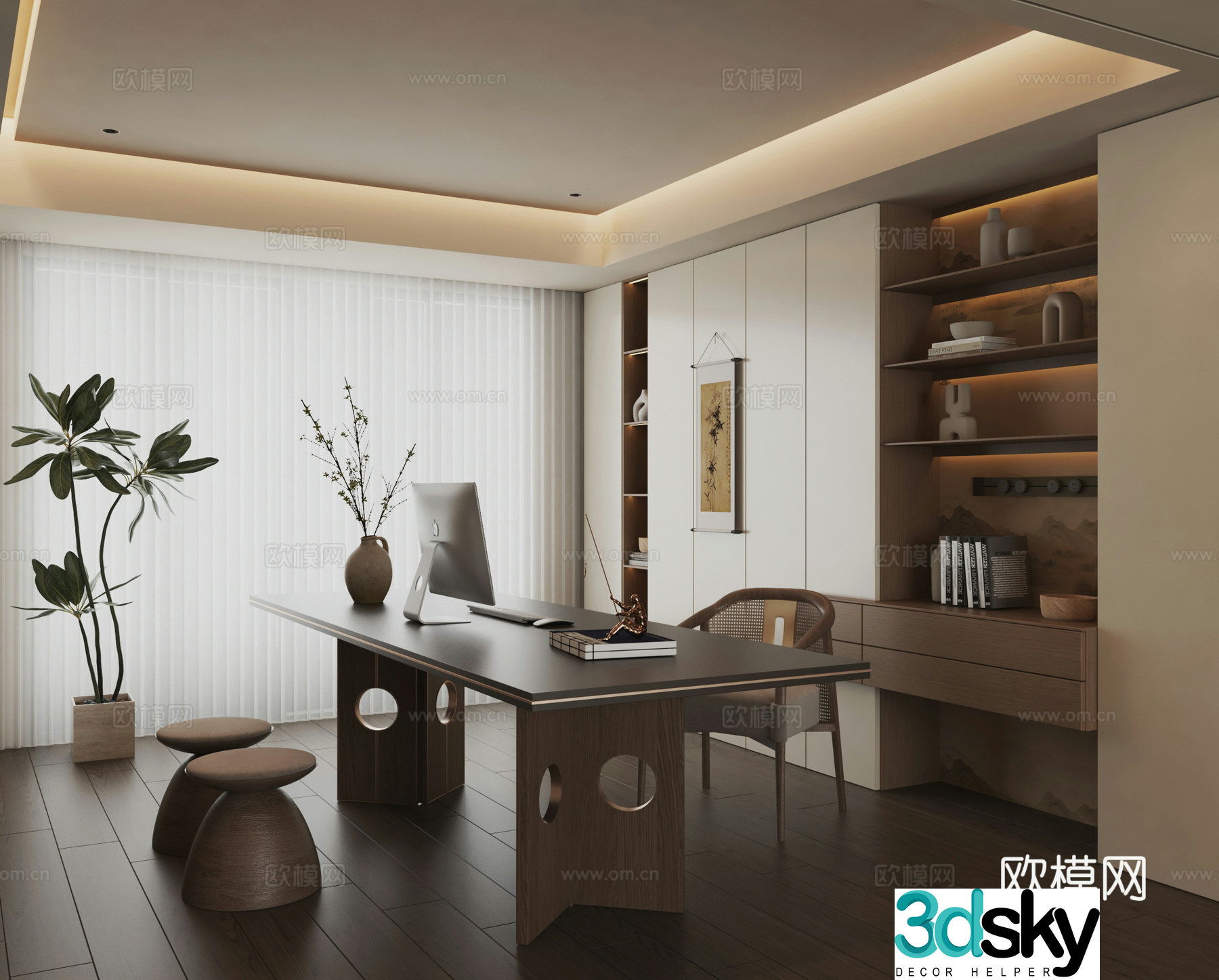 Song style study new Chinese style study medieval style study retro study bookcase combination 3D model
