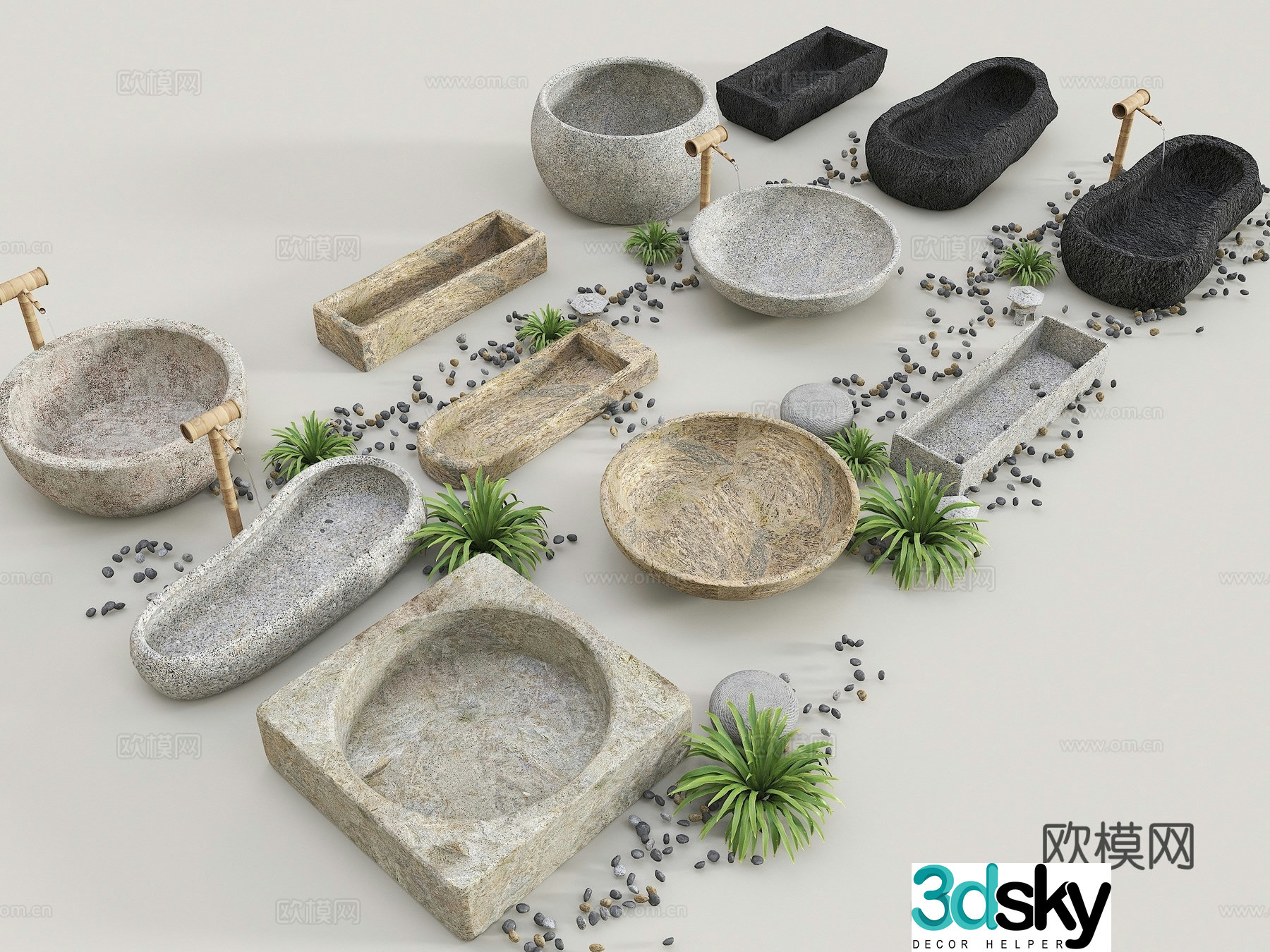 Water tank stone trough manger water tank landscape Chinese landscape sketch water tank courtyard water tank sketch 3d model