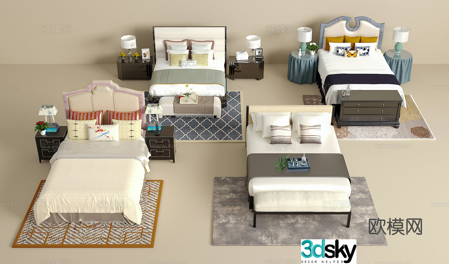 Double bed combination bedside table jewelry ornaments desk lamp carpet pillow 3D model