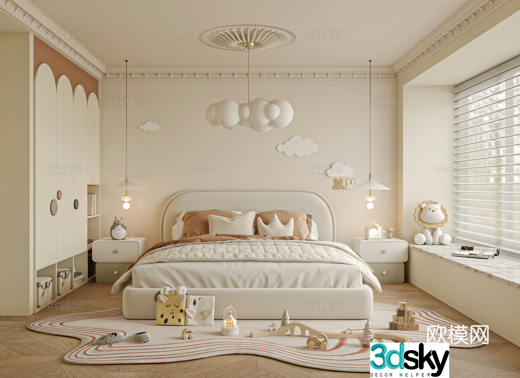 French children’s room bedroom bed nightstand 3d model